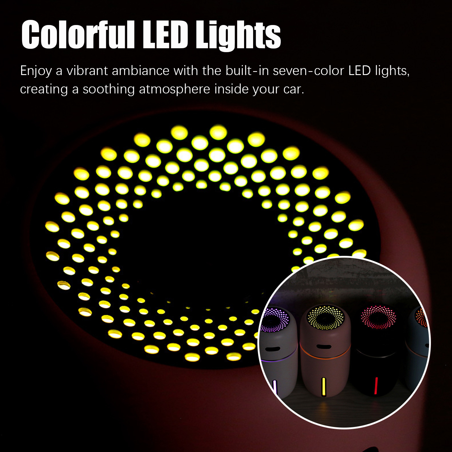 Obraz przedstawia kolorowe światła LED. Okrągły design z żółtymi światłami. Kilka małych, cylindrycznych urządzeń z kolorowymi akcentami świetlnymi.