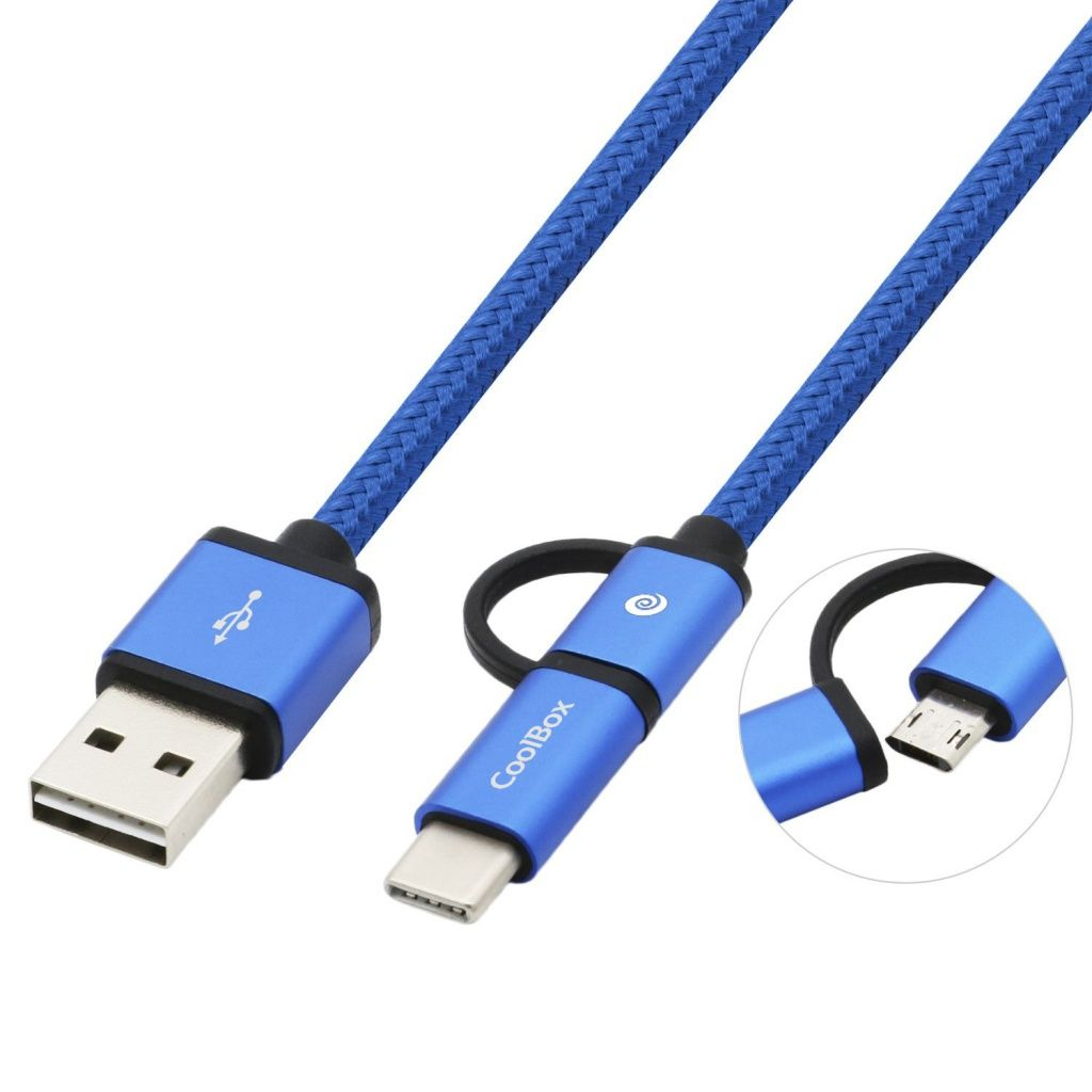 Cable de carga USB azul con múltiples conectores: USB-A, USB-C y micro-USB. Marca CoolBox visible.