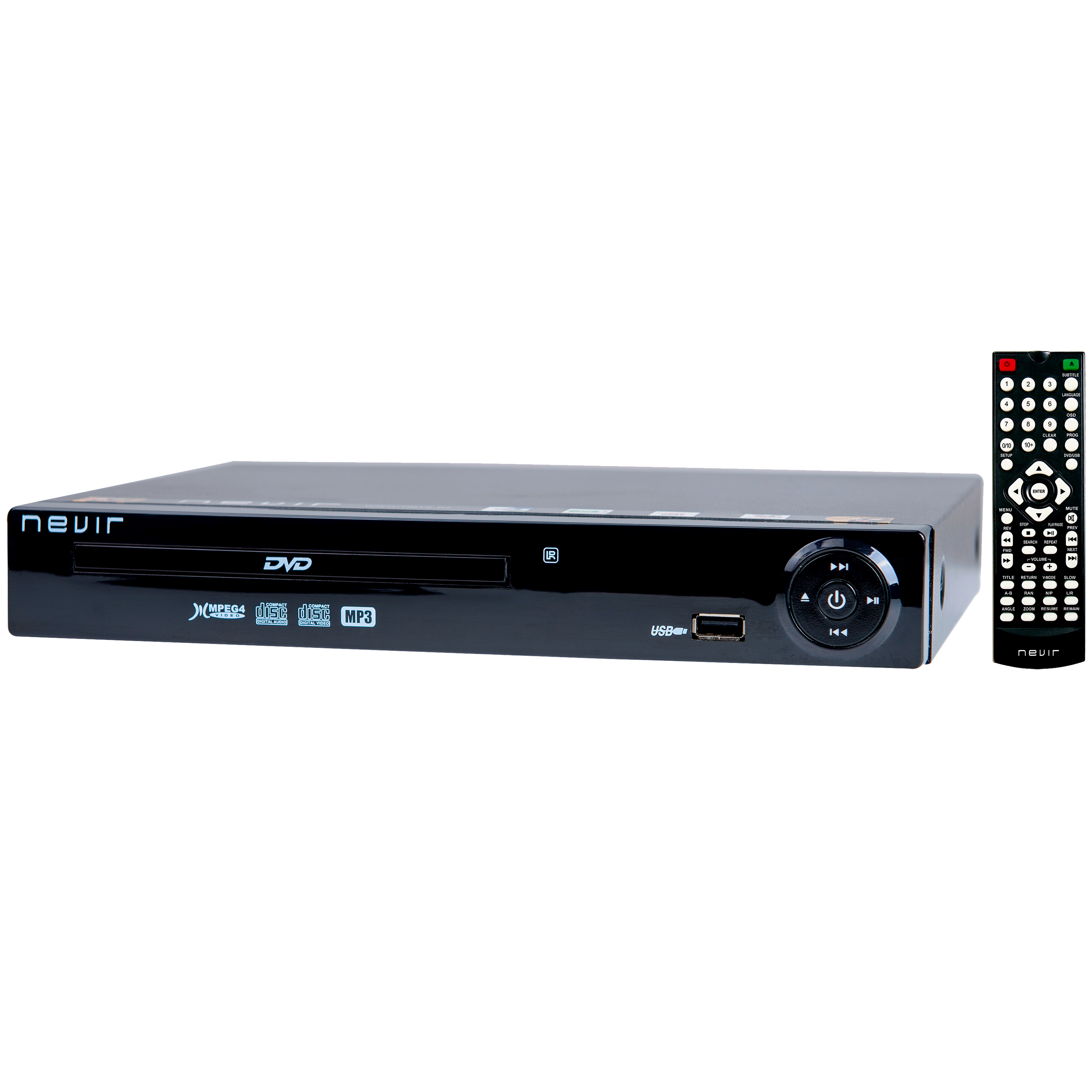 Czarny odtwarzacz DVD z pilotem. Posiada port USB i przyciski. Tło jest czarne.