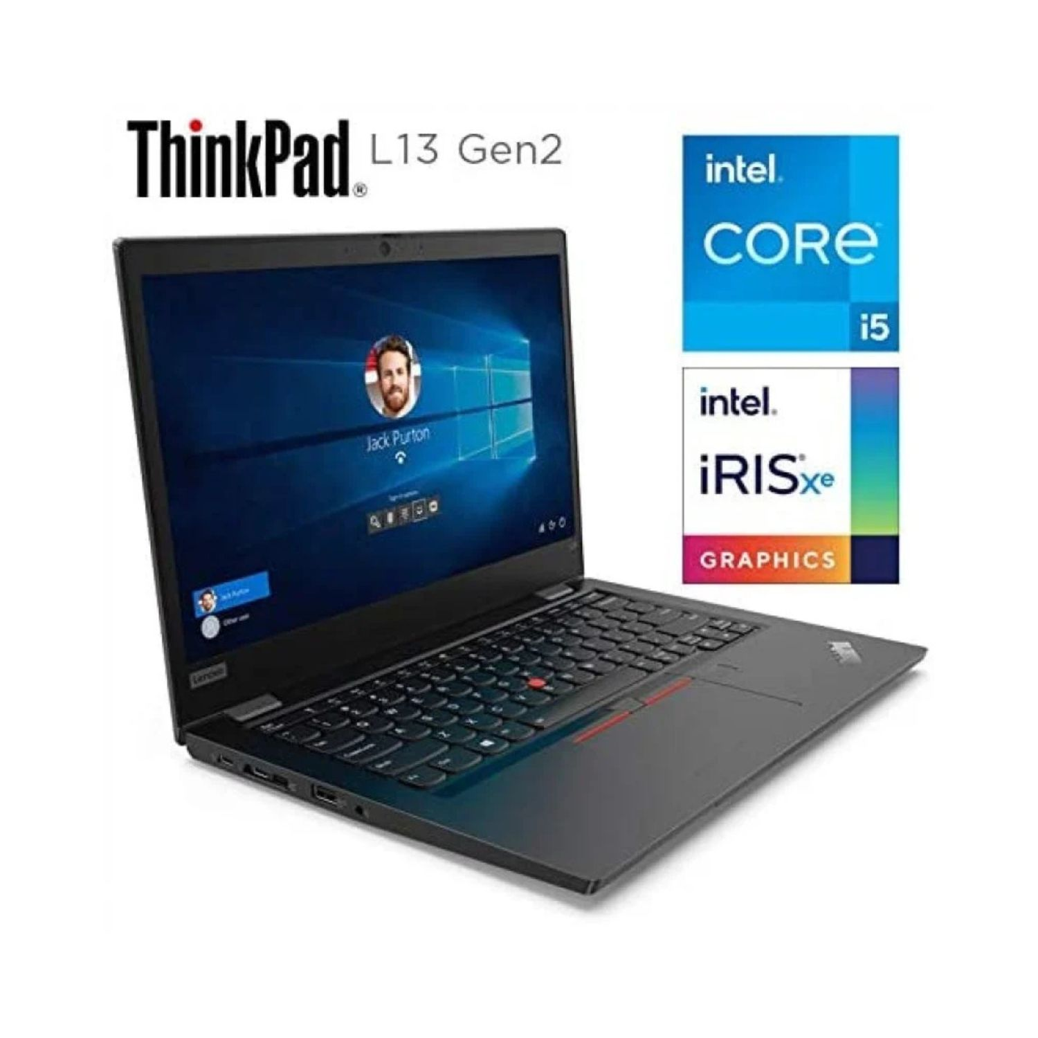 Un portátil Lenovo ThinkPad L13 Gen2. La pantalla muestra un perfil de usuario. A la derecha hay pegatinas de Intel Core i5 e Iris Xe Graphics.