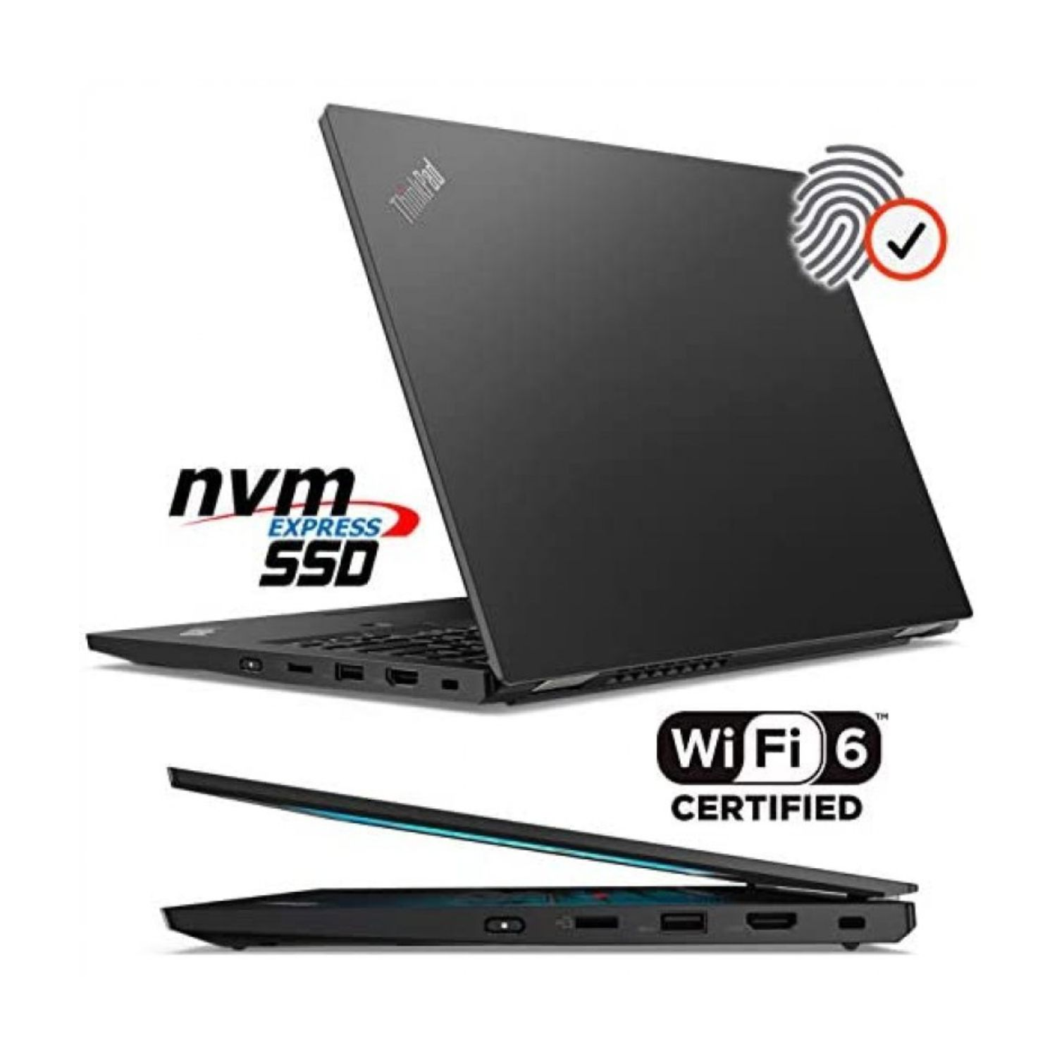 Portátil ThinkPad negro con sensor de huellas dactilares y certificación WiFi 6. Logotipo de NVM Express SSD presente. Otra vista muestra el lateral del portátil.