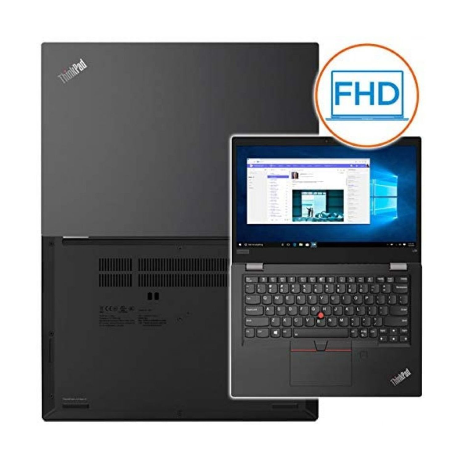 Portátil ThinkPad negro abierto. La pantalla muestra una página web. Otro portátil cerrado detrás. Logotipo FHD en un círculo.