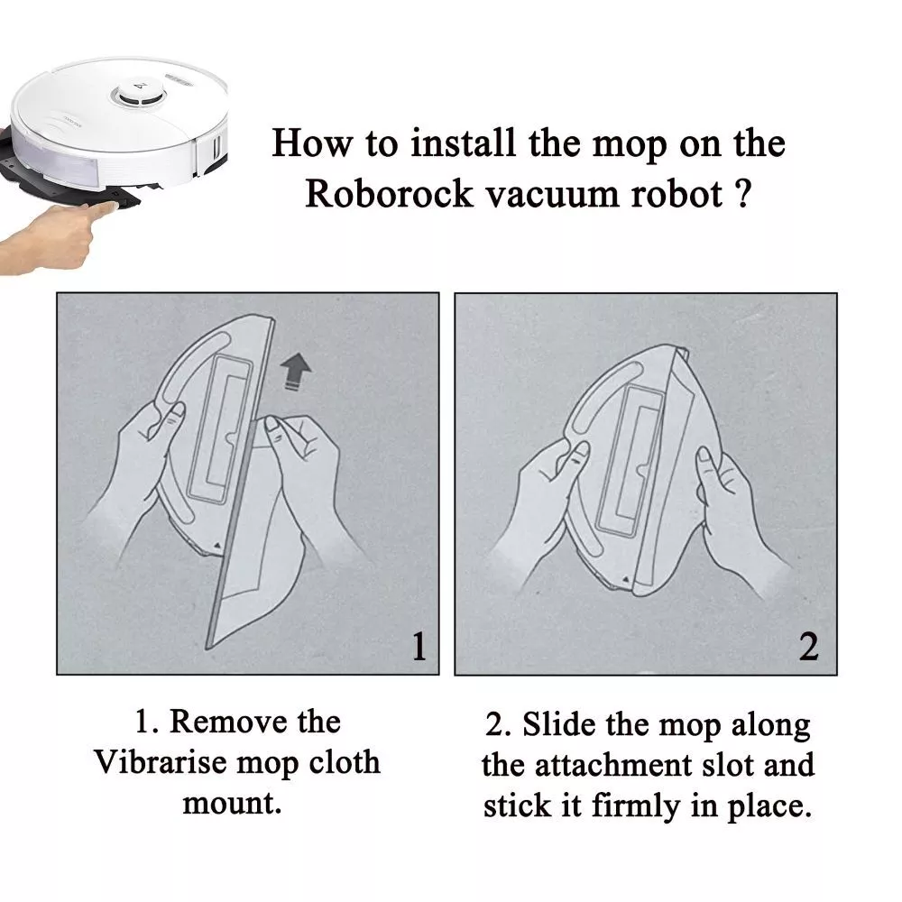 Instructions pour installer une serpillère sur un robot aspirateur Roborock. Les étapes 1 et 2 montrent le retrait et la fixation du chiffon de la serpillère.