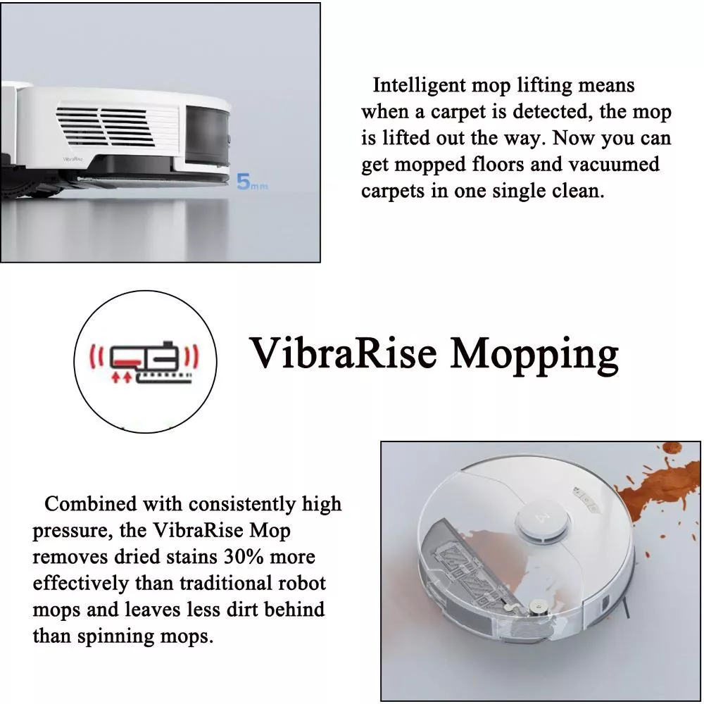 De afbeelding toont een robotstofzuiger met dweilfunctie, die de kenmerken en voordelen ervan benadrukt met tekst en diagrammen.