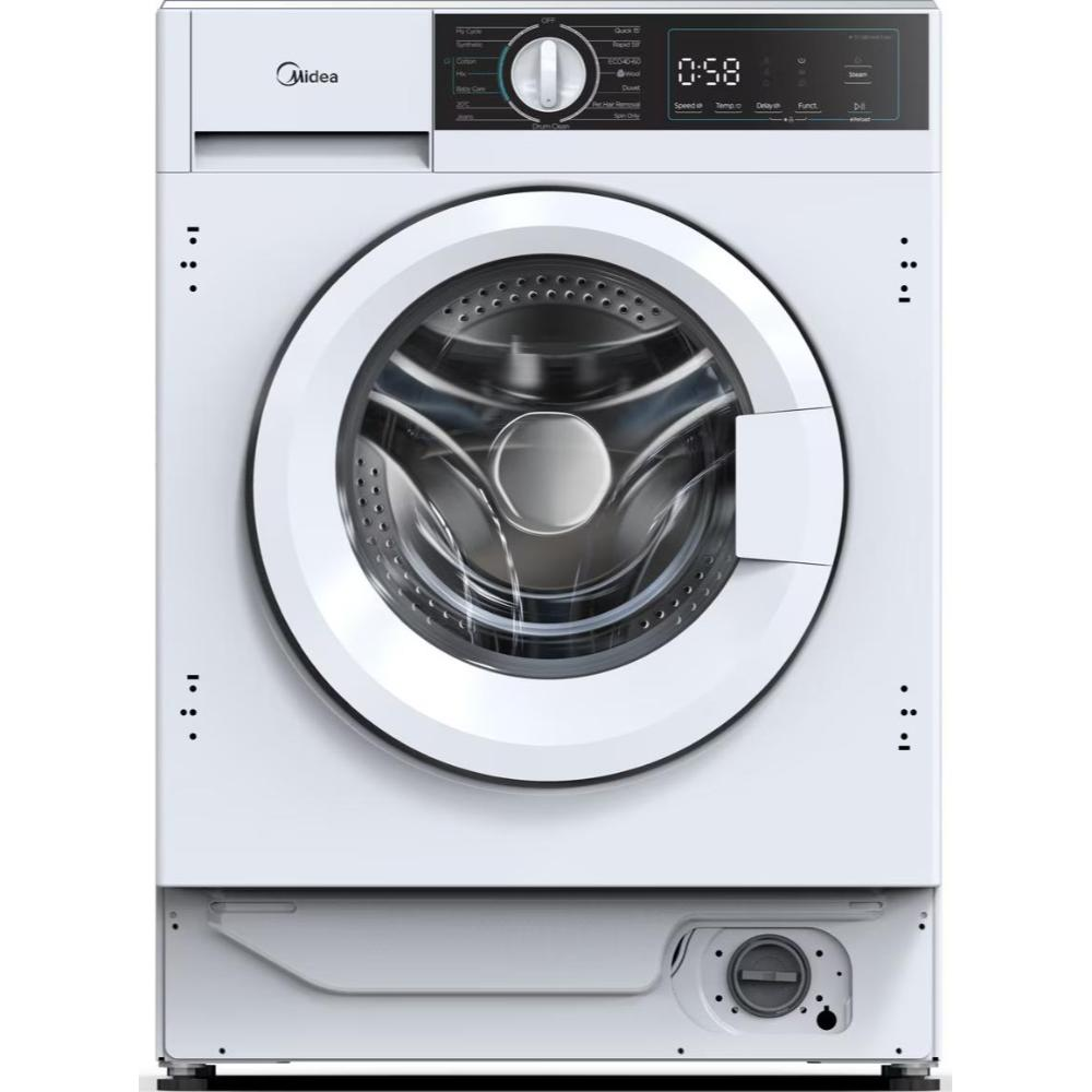 Vorderansicht einer weißen Midea-Waschmaschine. Sie hat eine runde Tür, ein Bedienfeld und eine Digitalanzeige mit 0:58.