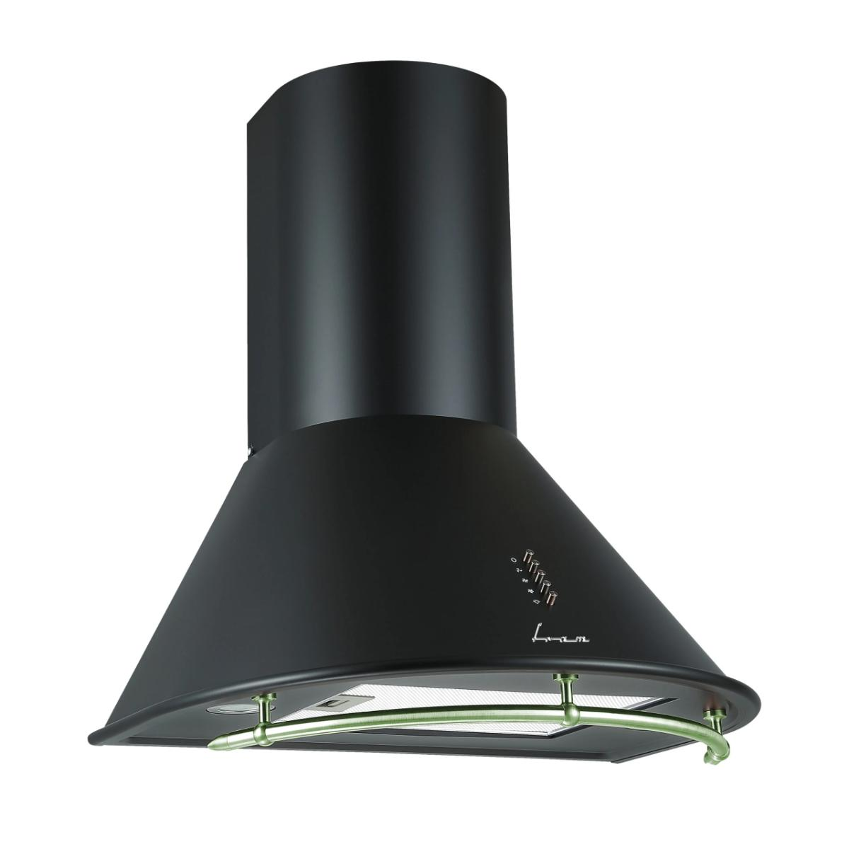 A black kitchen hood with a conical shape and a cylindrical upper section. It has a green metallic trim and controls.