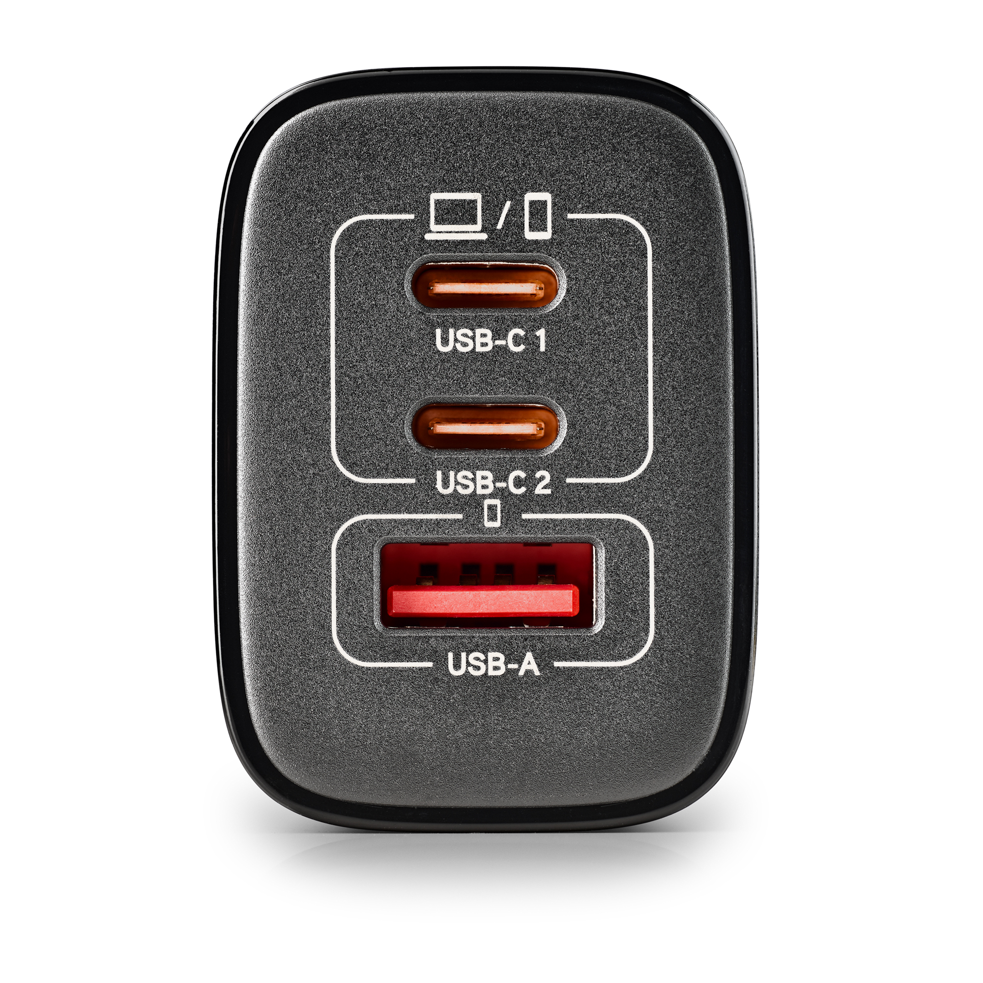 Cargador negro con puertos USB-C y USB-A. Los puertos USB-C son marrones, USB-A es rojo. Fondo blanco.