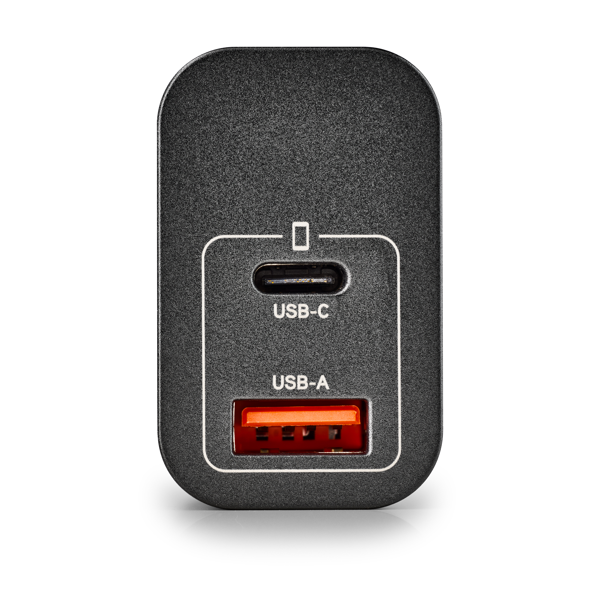 Caricatore USB nero con porte USB-C e USB-A. Interno arancione della porta USB-A visibile.