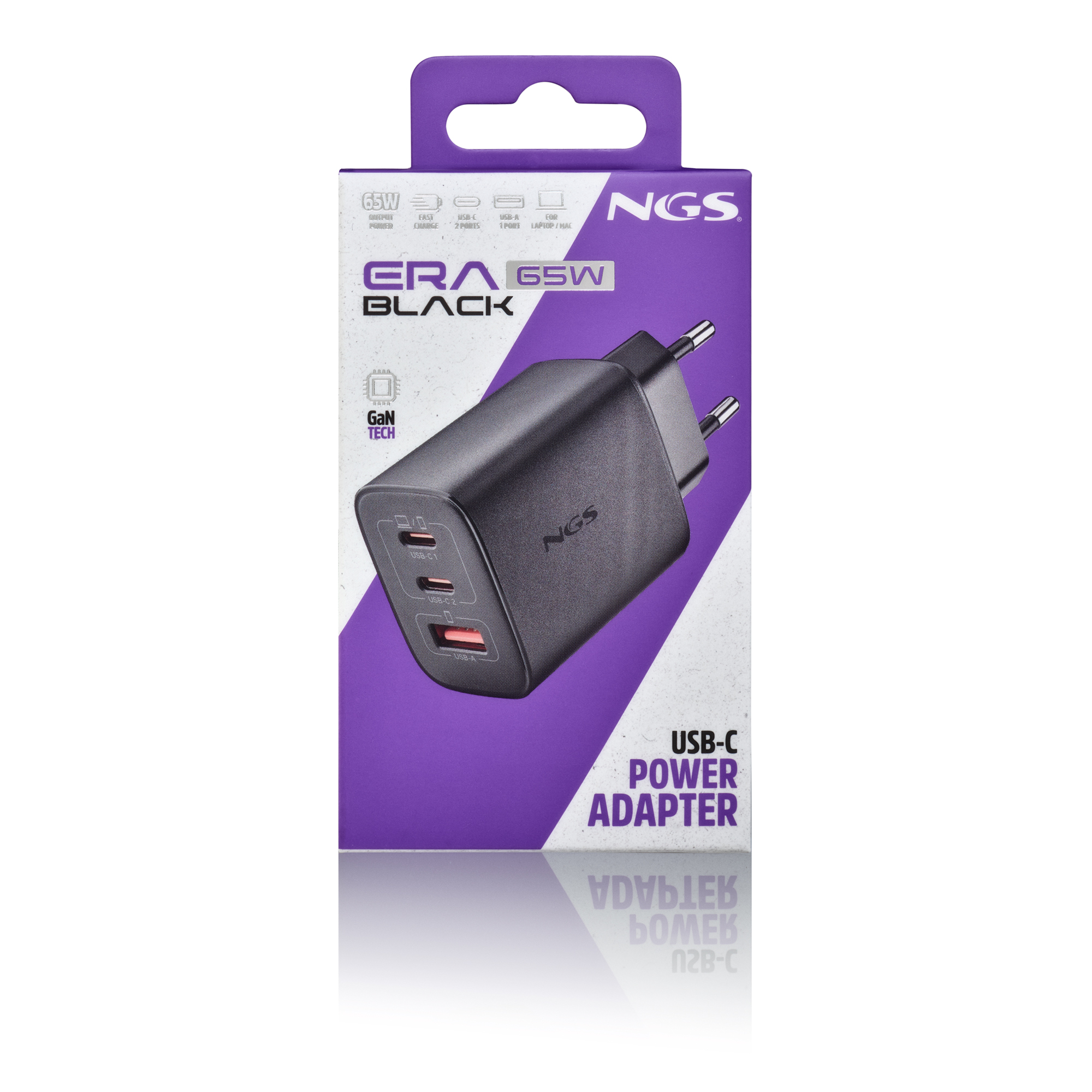 Un adaptador de corriente USB-C negro en una caja morada y blanca, etiquetado como 'ERA 65W BLACK' y 'NGS'.