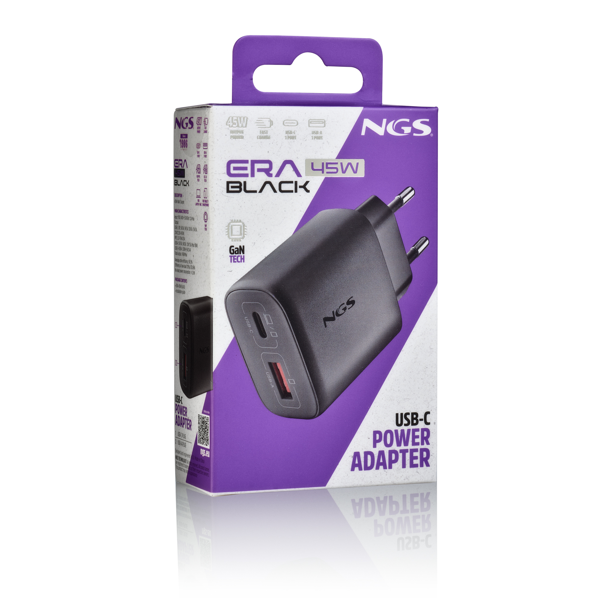 Un adaptador de corriente USB-C NGS Era 45W negro en una caja morada y blanca, con texto y un cargador negro.