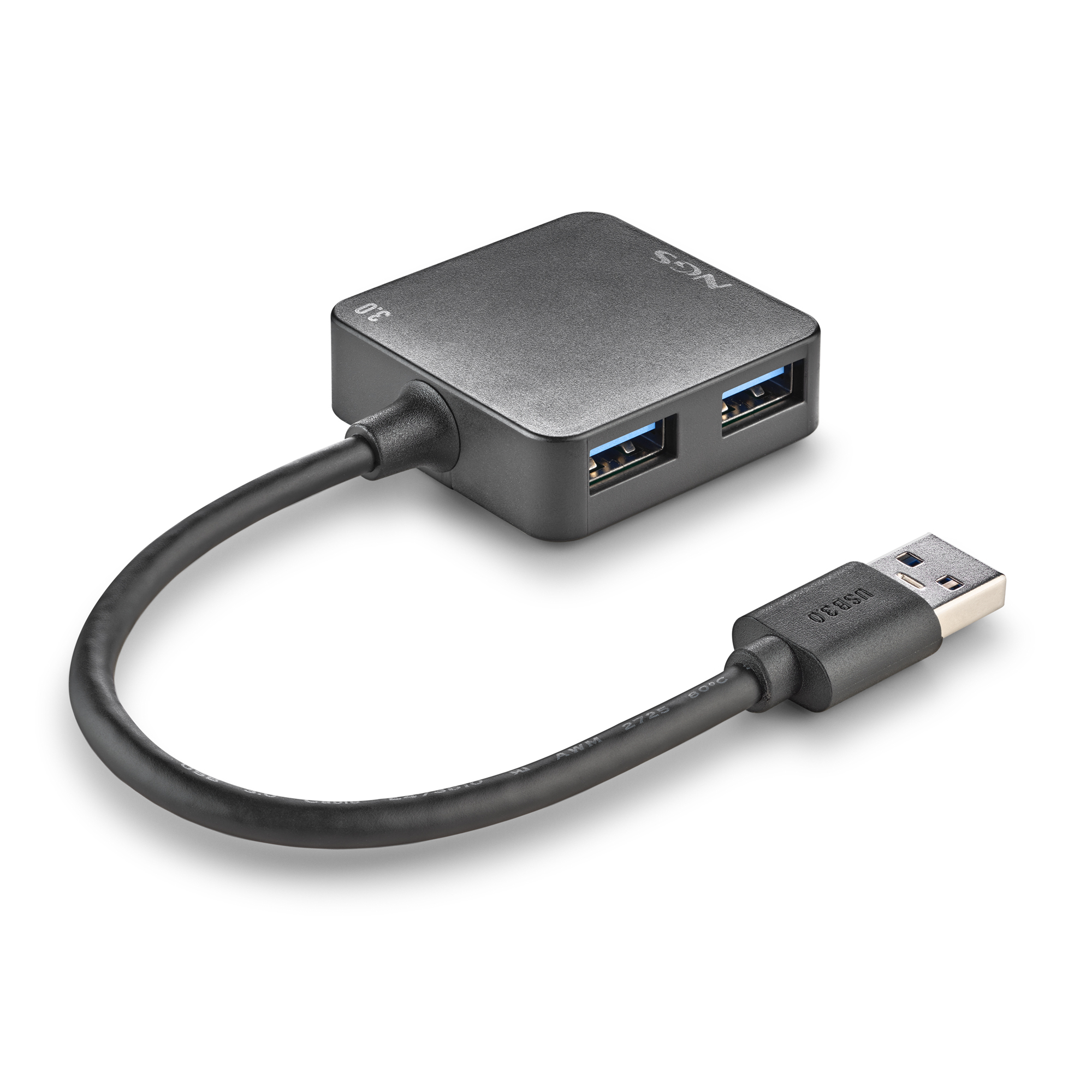Ein schwarzer USB 3.0-Hub mit zwei Anschlüssen und einem Kabel auf weißem Hintergrund.