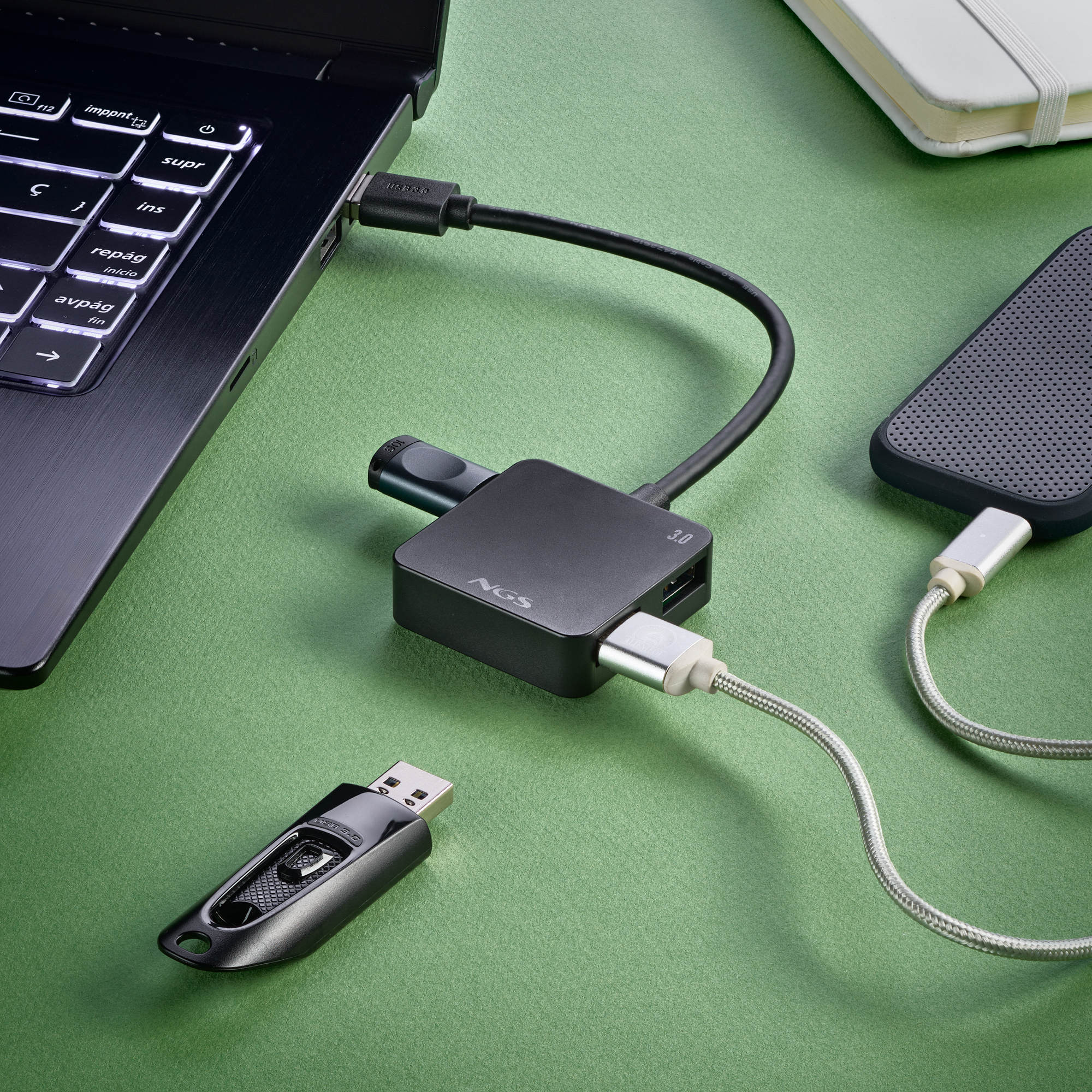 Ein Laptop, ein USB-Hub, ein Telefon und ein USB-Stick sind auf einer grünen Oberfläche verbunden.