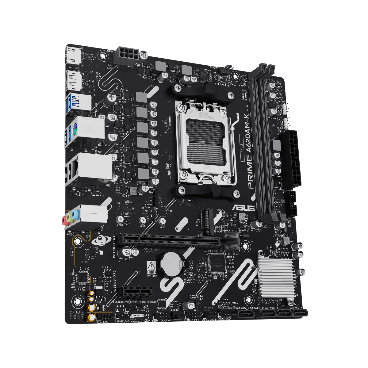 Una scheda madre ASUS Prime A620AM-K nera con vari componenti come socket CPU, slot RAM e connettori.