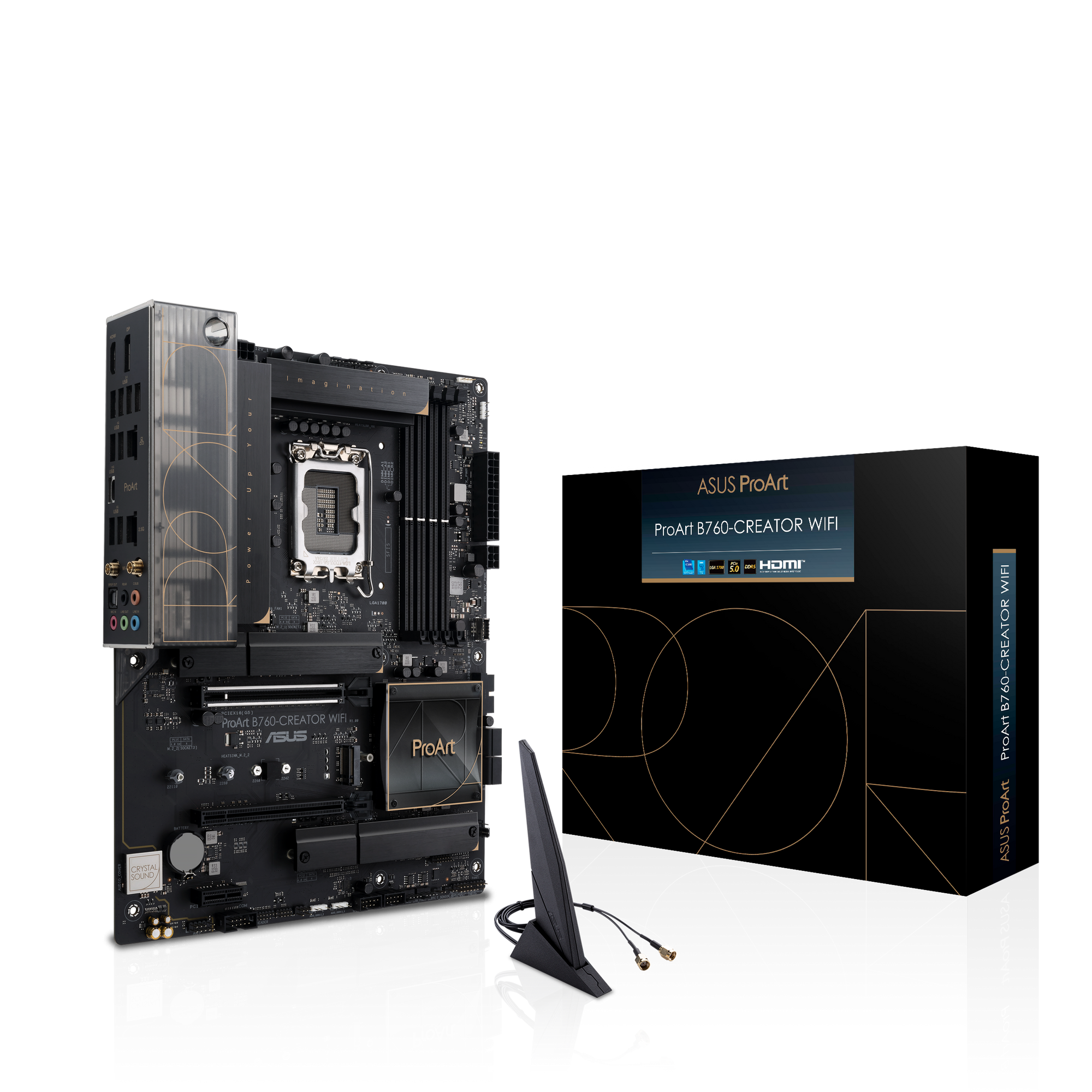 Płyta główna komputera z czarnymi i złotymi akcentami, z anteną Wi-Fi i pudełkiem z napisem ASUS ProArt B760-CREATOR WIFI.