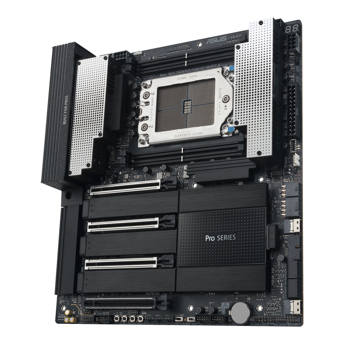 Een zwart computer moederbord met componenten, waaronder een CPU-socket, RAM-slots en diverse poorten. Het bord heeft de woorden "Pro Series".
