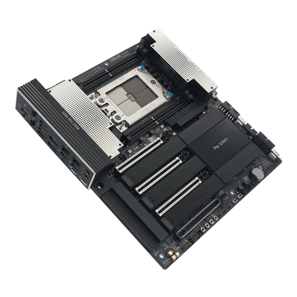 Een zwart computer moederbord met zilveren accenten. Het heeft verschillende slots, connectoren en een centrale processoraansluiting, op een witte achtergrond.