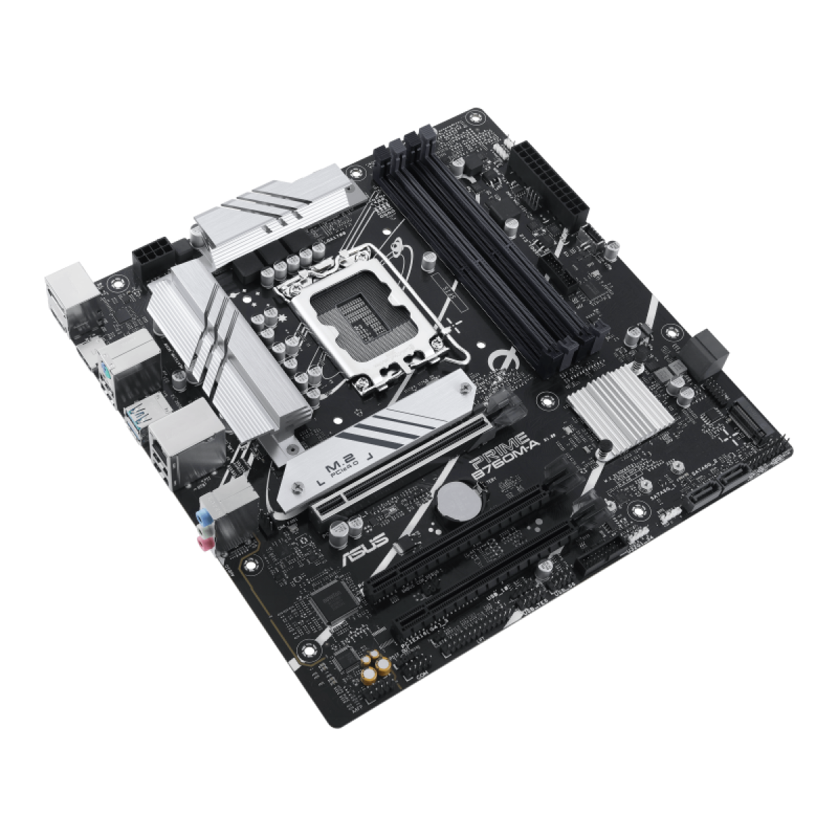 Czarna płyta główna ASUS PRIME B760M-A ze srebrnymi radiatorami oraz różnymi portami i gniazdami, na białym tle.