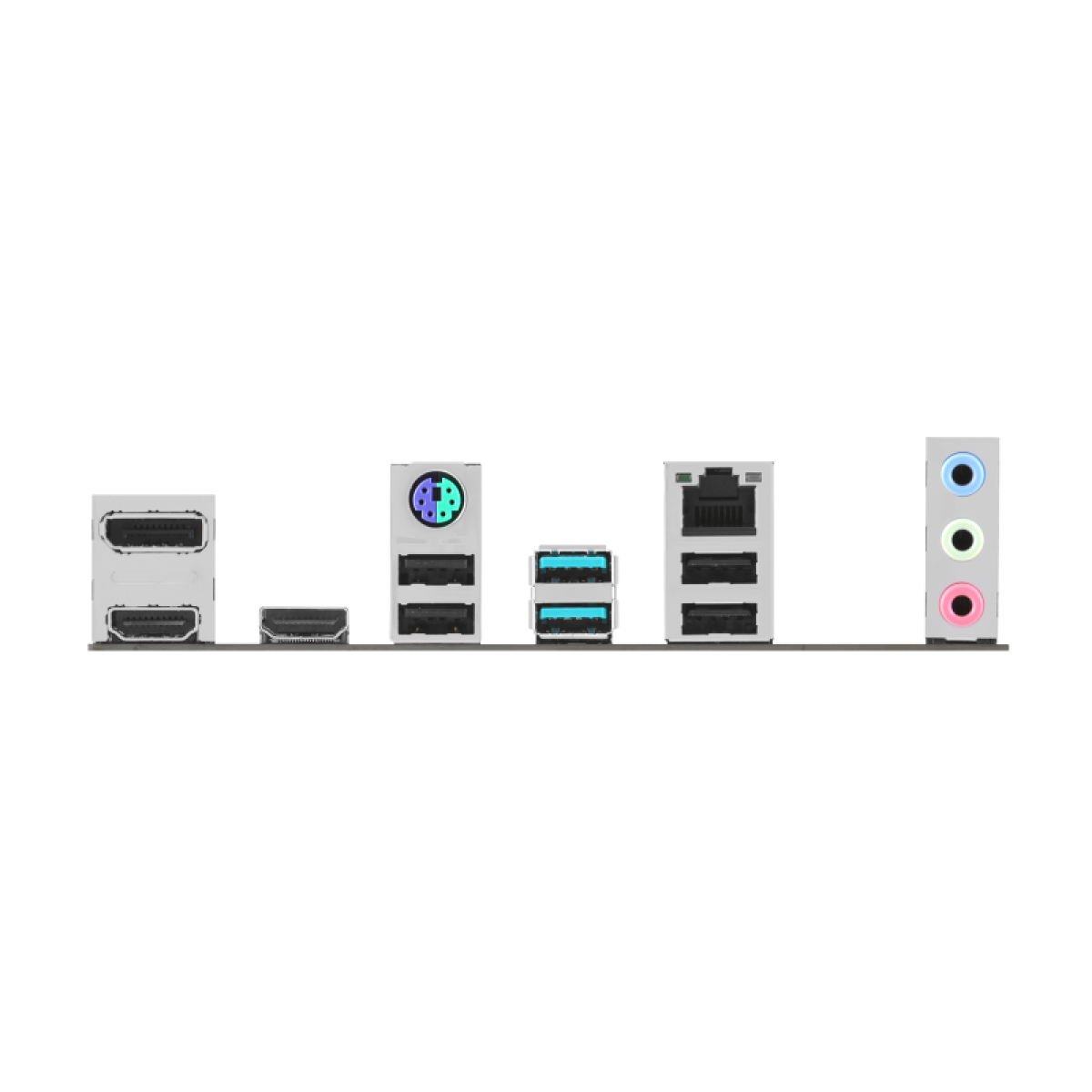 Panel tylny płyty głównej komputera z portami: USB, HDMI, gniazdami audio i połączeniem sieciowym.
