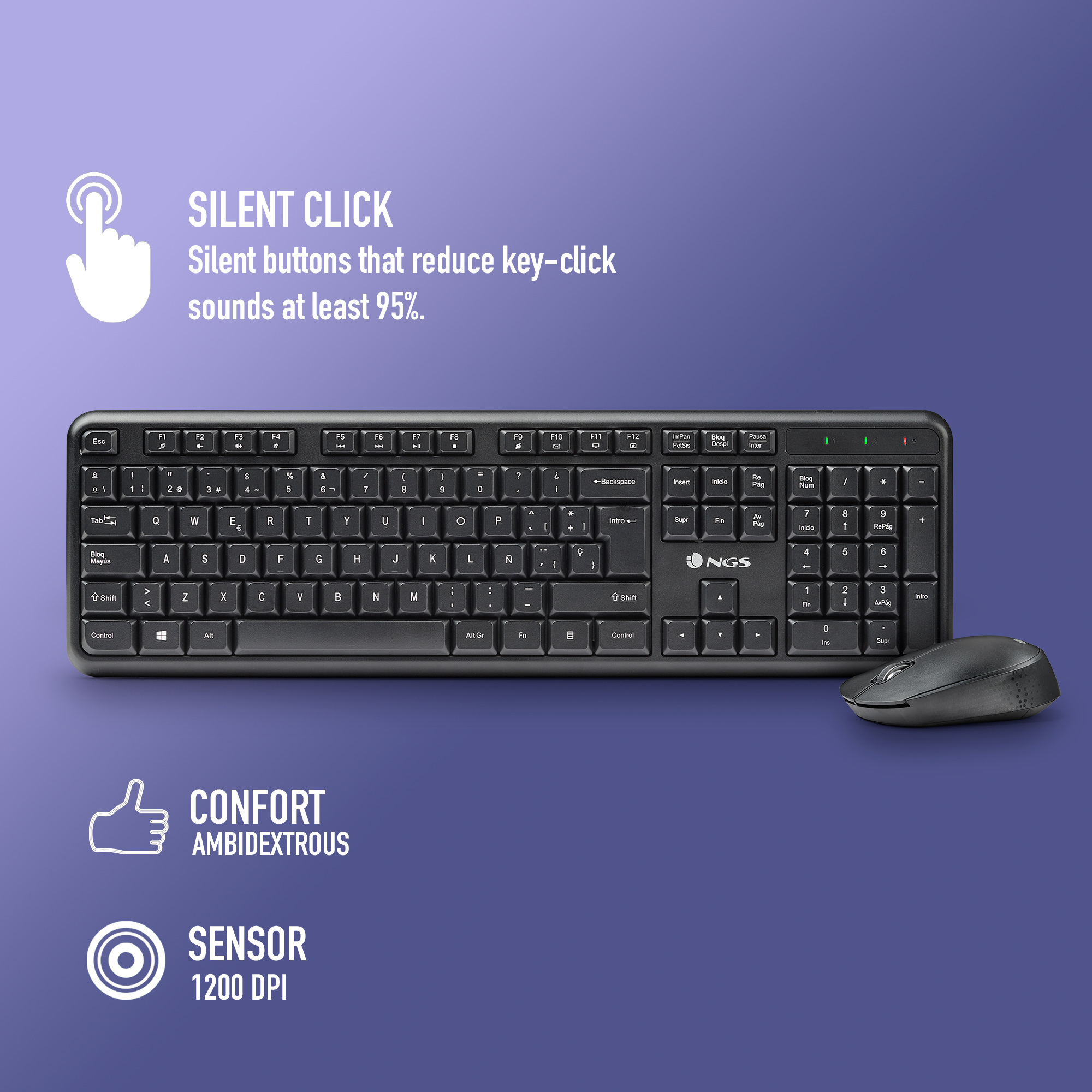 Tastiera e mouse neri su sfondo viola. Il testo menziona clic silenzioso, ambidestro e sensore 1200 DPI.