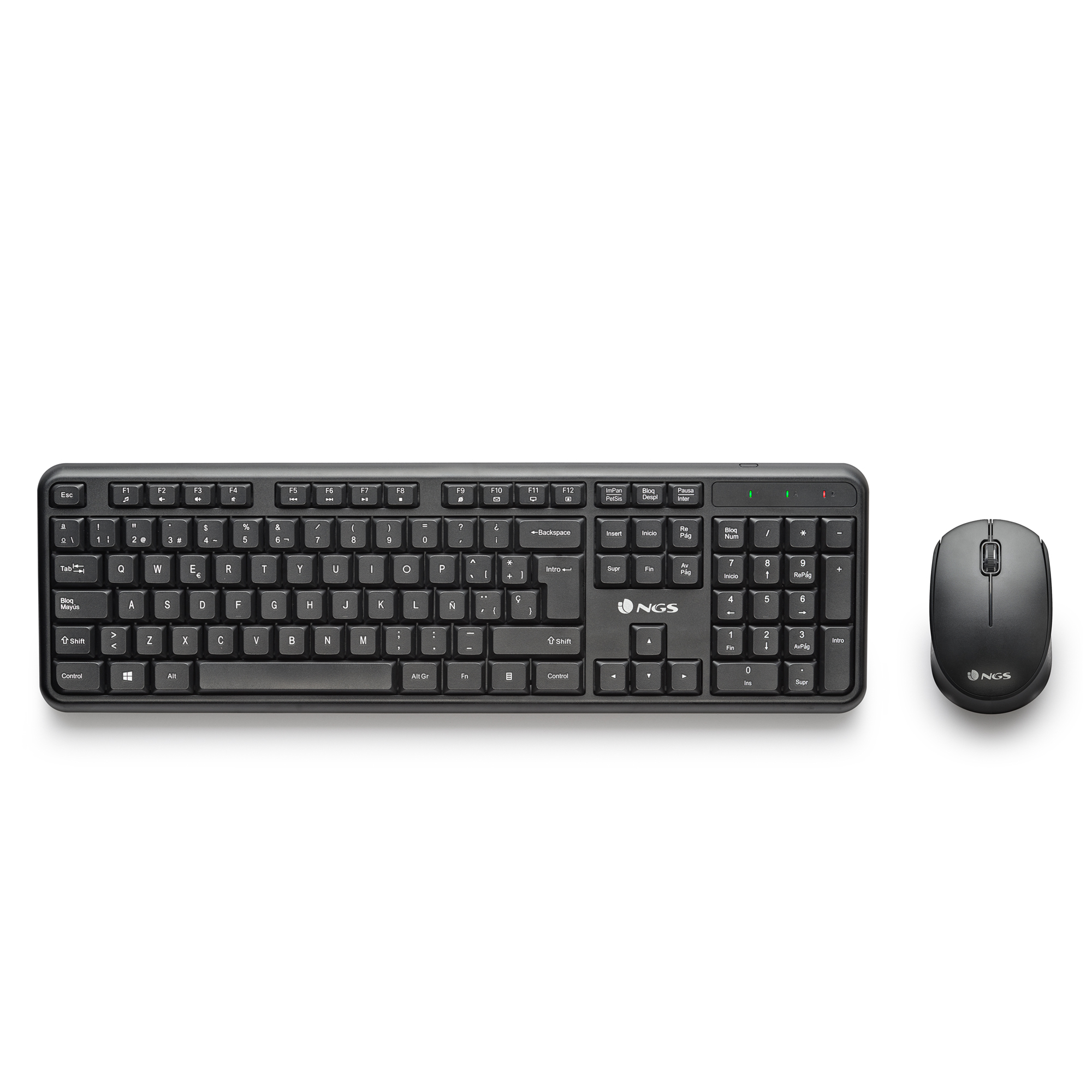 Set tastiera e mouse NGS neri. La tastiera ha tasti, il mouse ha rotella e logo.