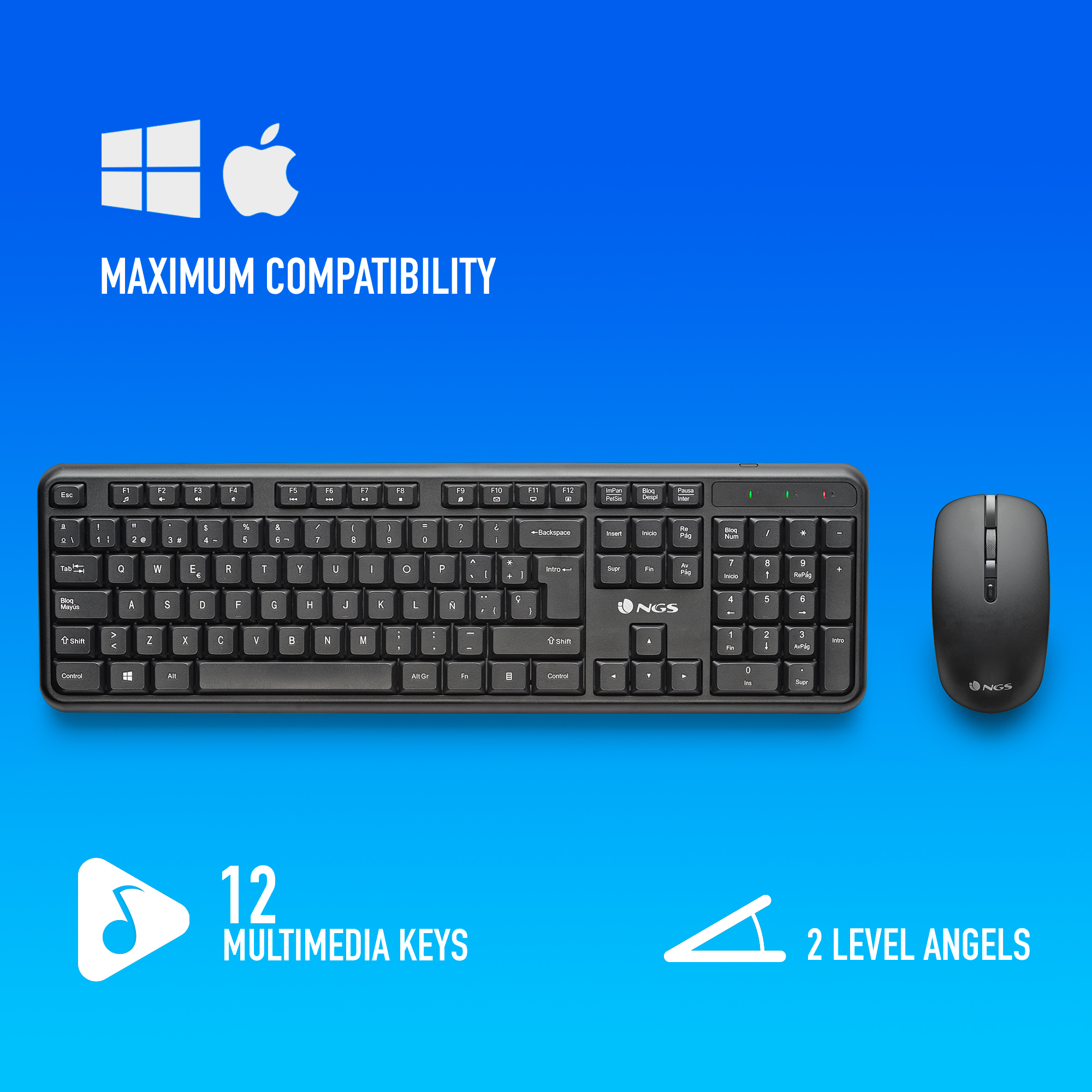 Tastiera e mouse neri con sfondo blu. Il testo recita: Massima compatibilità, 12 tasti multimediali e angeli a 2 livelli.