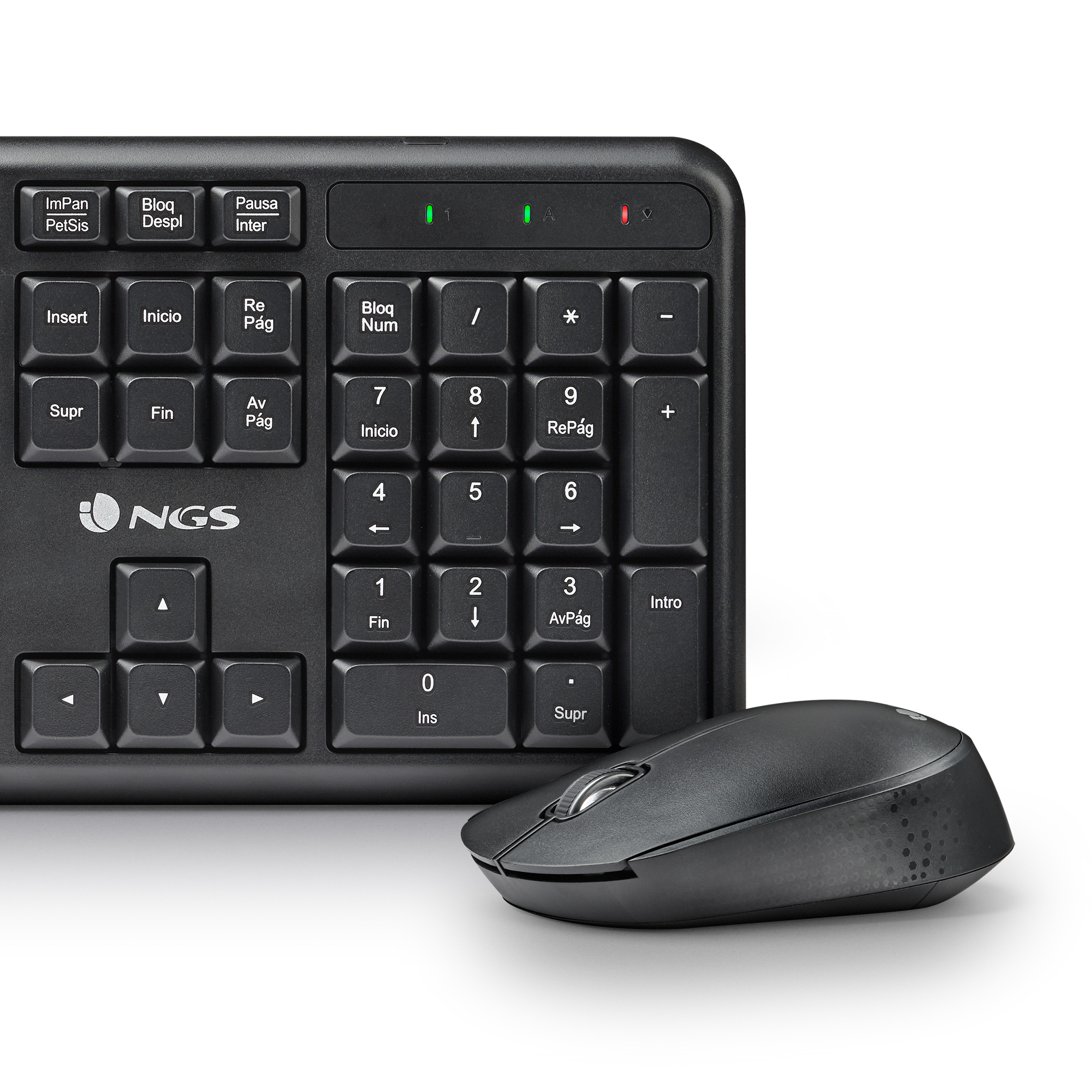 Tastiera per computer nera con tastierino numerico e mouse wireless. La tastiera ha vari tasti funzione.