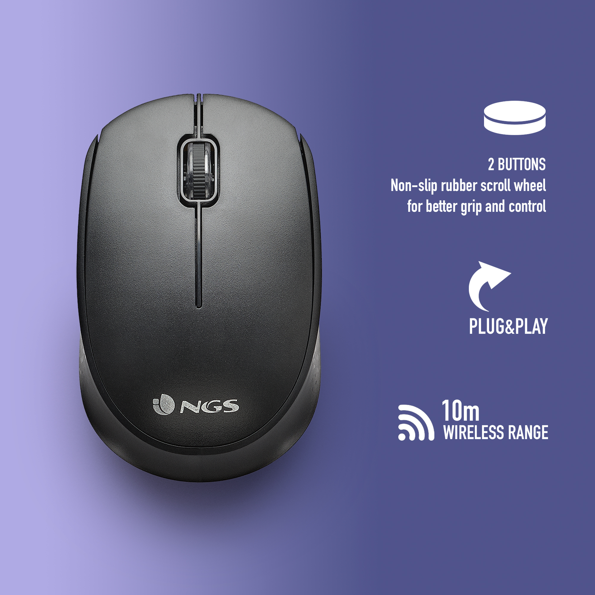Un mouse wireless nero. Ha due pulsanti, una rotellina e un logo. Ha una portata wireless di 10 m.
