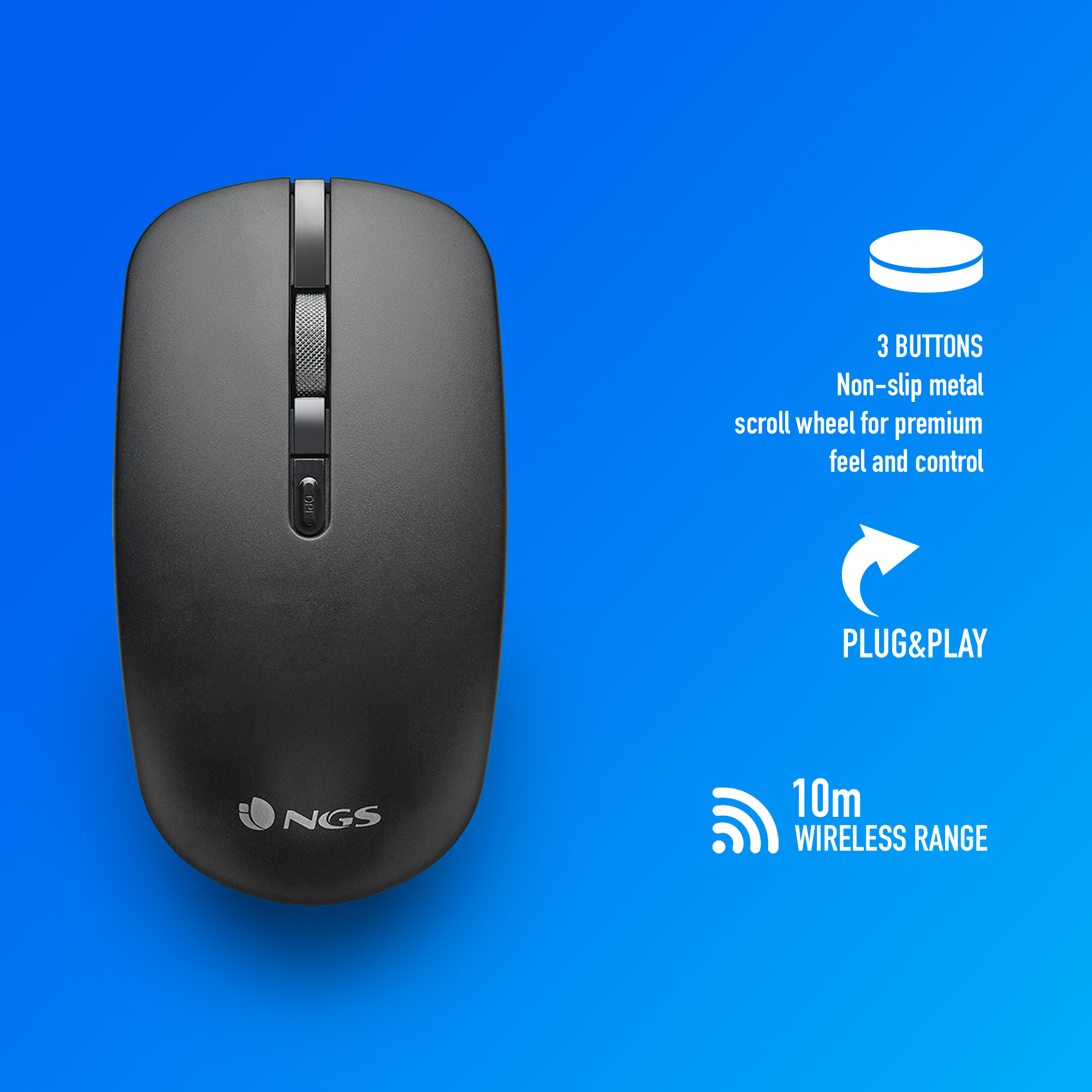 Mouse nero per computer con rotella e pulsanti, su sfondo sfumato blu, con testo sulle funzionalità.