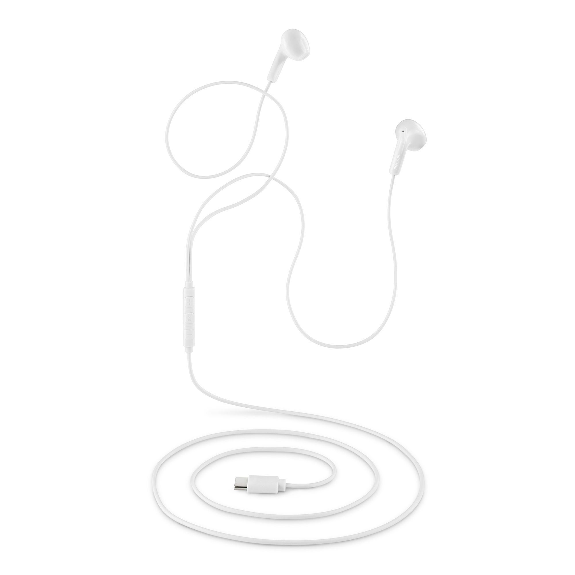 Auricolari bianchi con connettore Type-C. Il cavo è arrotolato e lo sfondo è bianco.