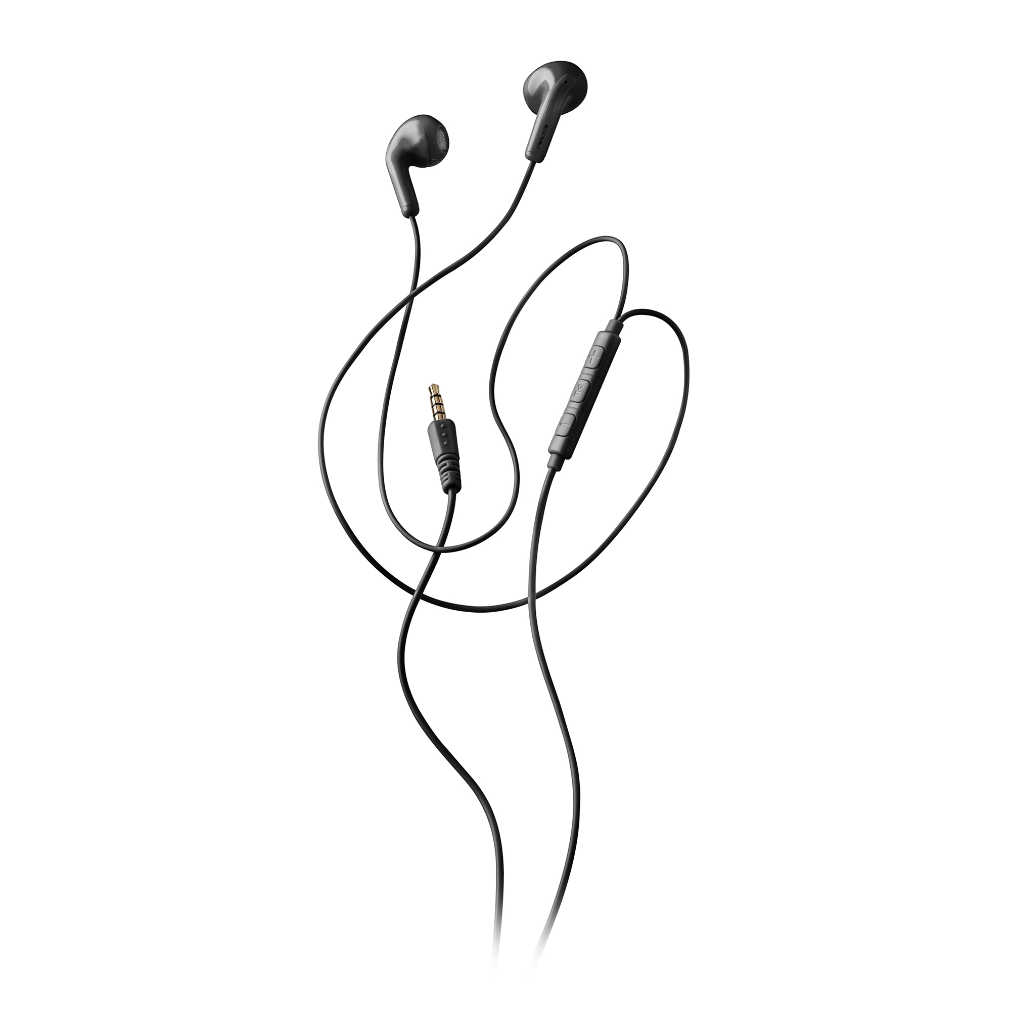 Cuffie in-ear nere con pannello di controllo e jack da 3,5 mm su sfondo bianco.