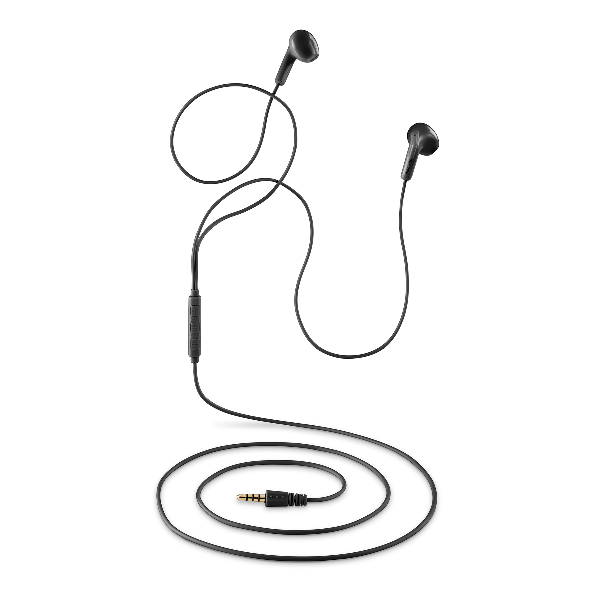 Auricolari neri con microfono e jack da 3,5 mm. Il cavo è arrotolato. Lo sfondo è bianco.