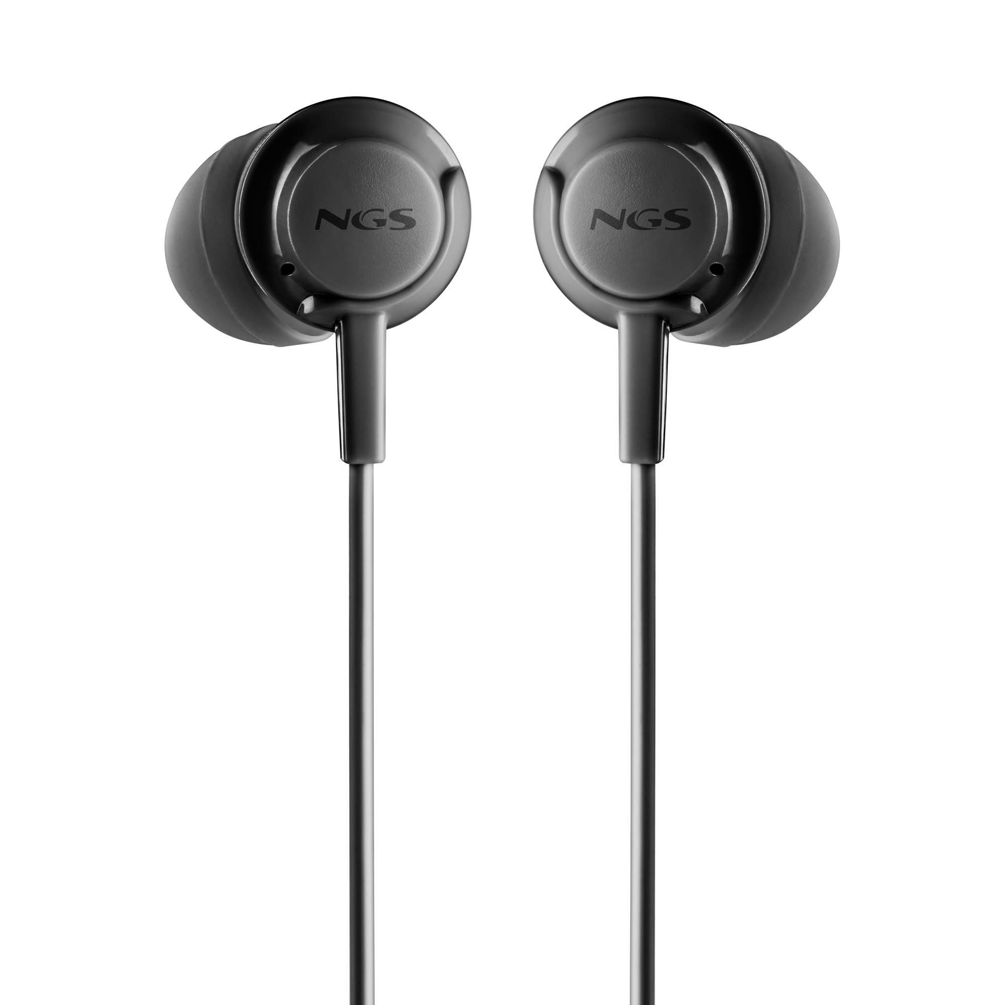 Par de auriculares negros con el logo 'NGS', sobre fondo blanco. Cada auricular tiene un cable que se extiende hacia abajo.
