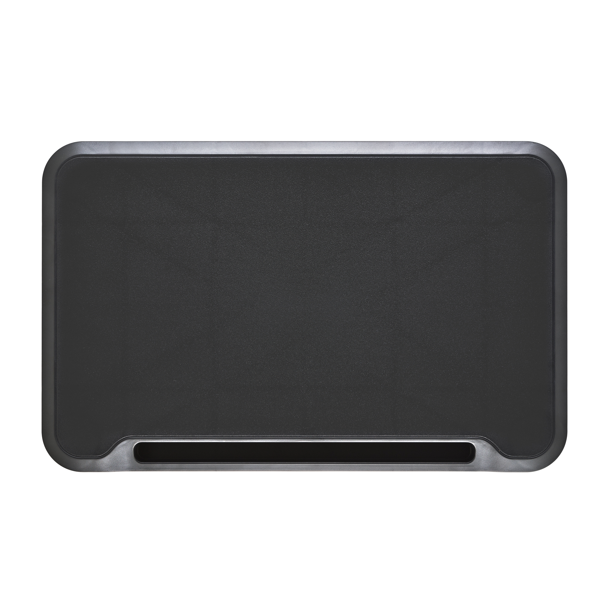 Eine rechteckige, schwarze Schreibtischablage mit einer Aussparung für eine Tastatur, vor weißem Hintergrund.