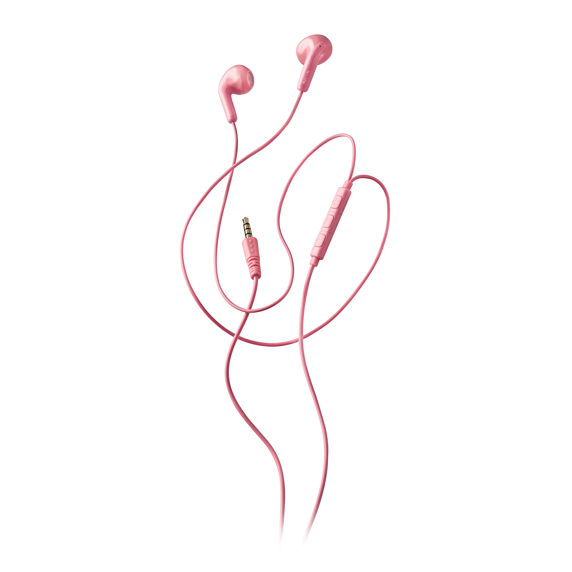 Cuffie rosa in-ear su sfondo bianco. Sono visibili il cavo, il jack e i pulsanti di controllo.