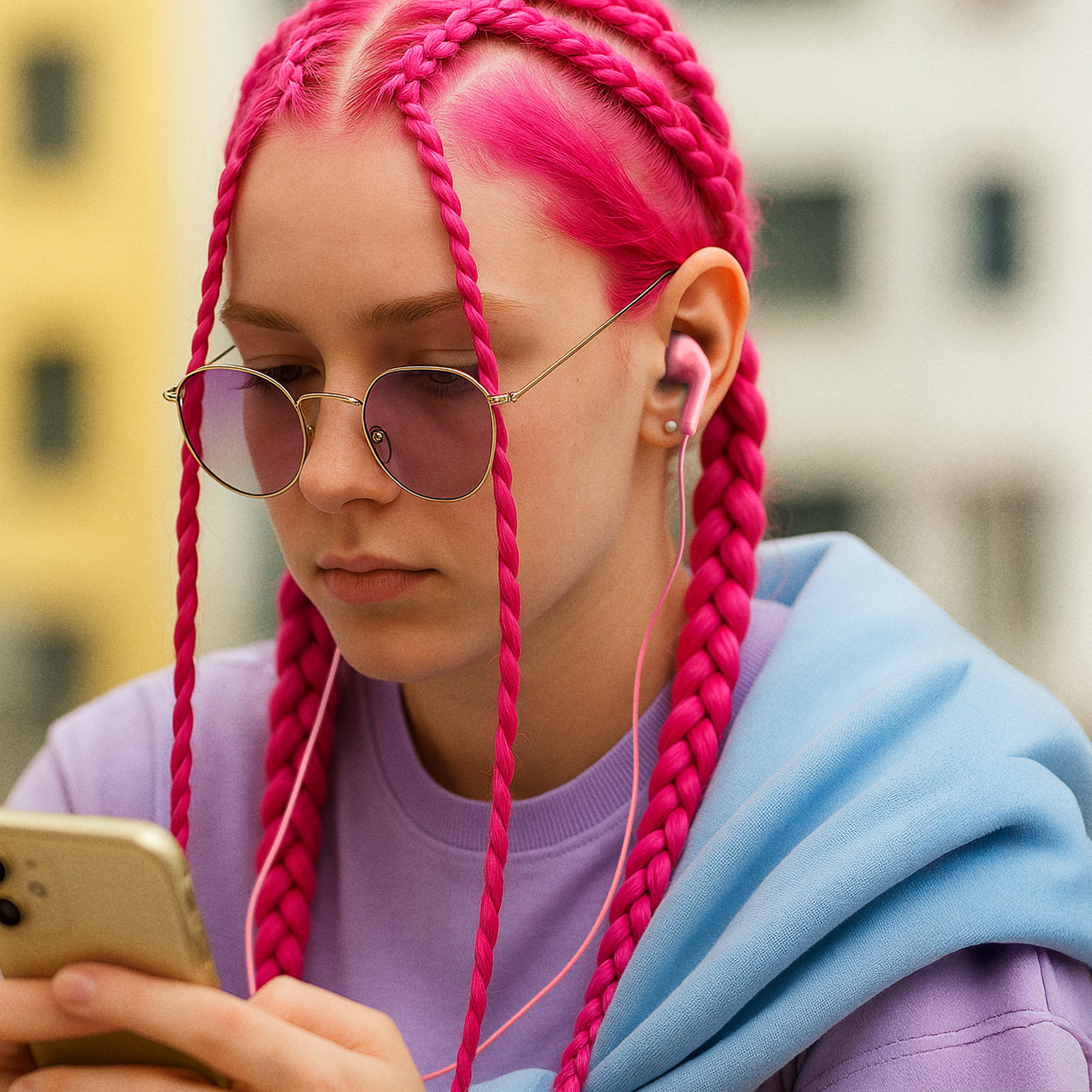 Una persona con trecce rosa, occhiali e auricolari guarda il telefono, indossa una giacca azzurra.