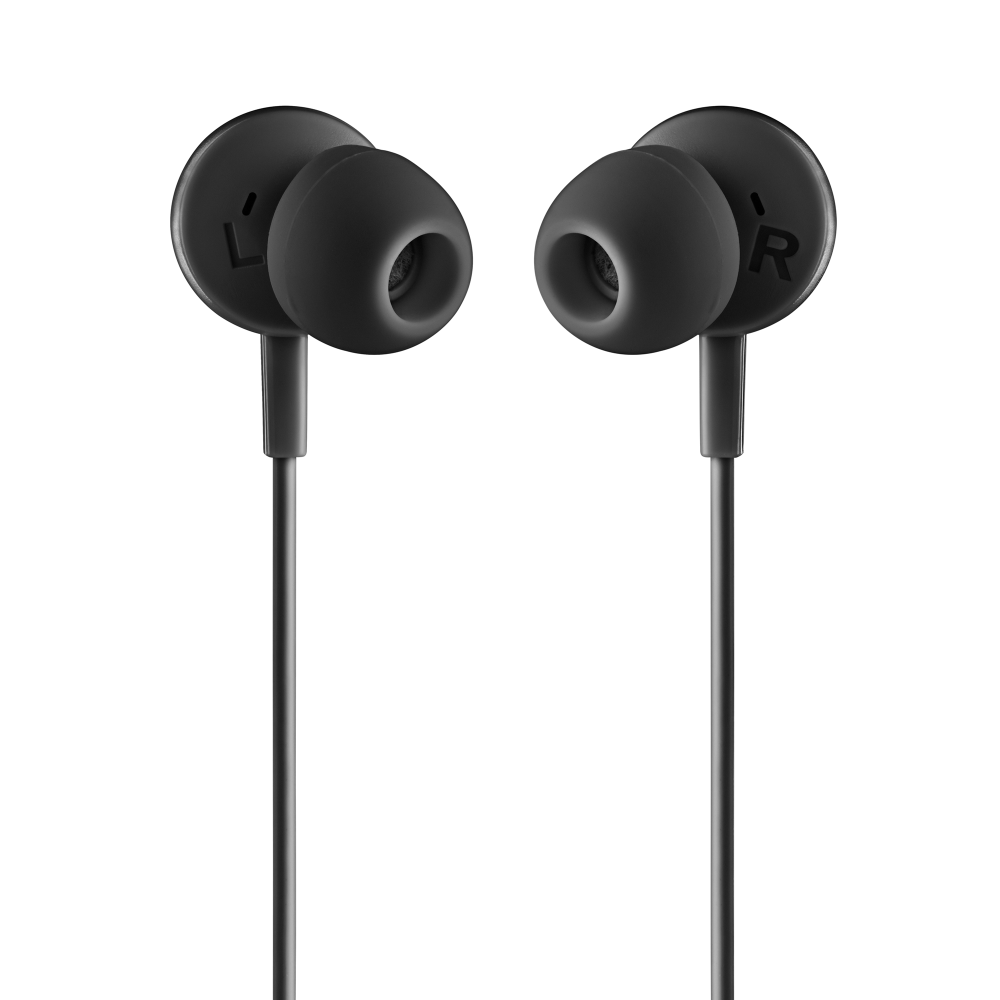 Auriculares negros, con L y R marcadas en cada uno. Los cables se extienden hacia abajo. Fondo blanco.