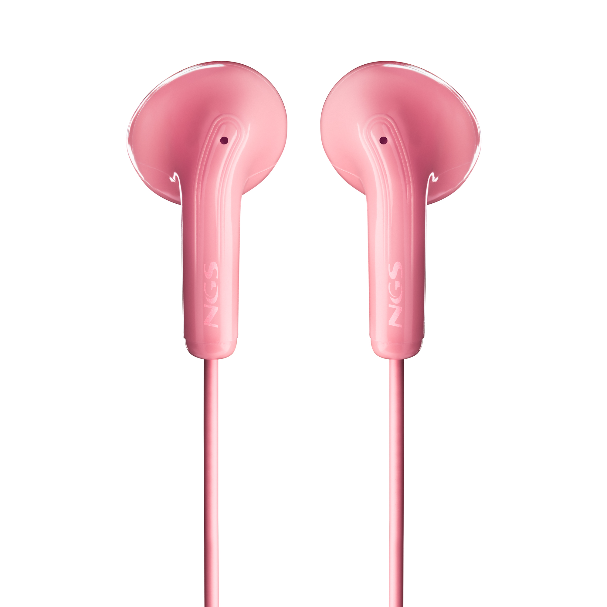 Due auricolari rosa con il marchio 'NGS'. Sono su sfondo bianco.