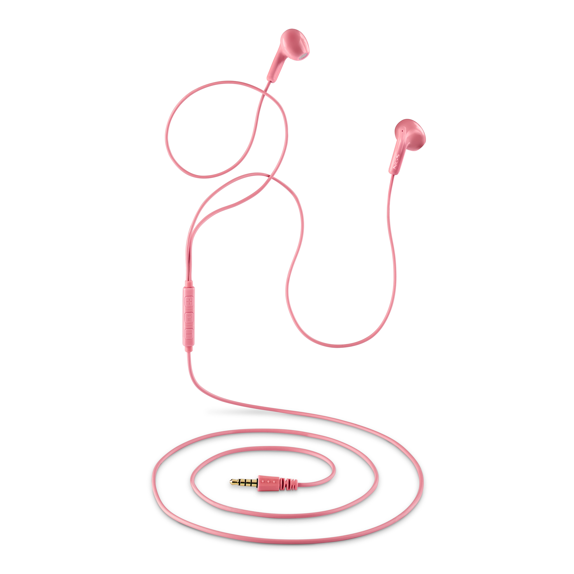 Auricolari rosa con cavo e jack da 3,5 mm. Il cavo forma un anello. Sfondo bianco.