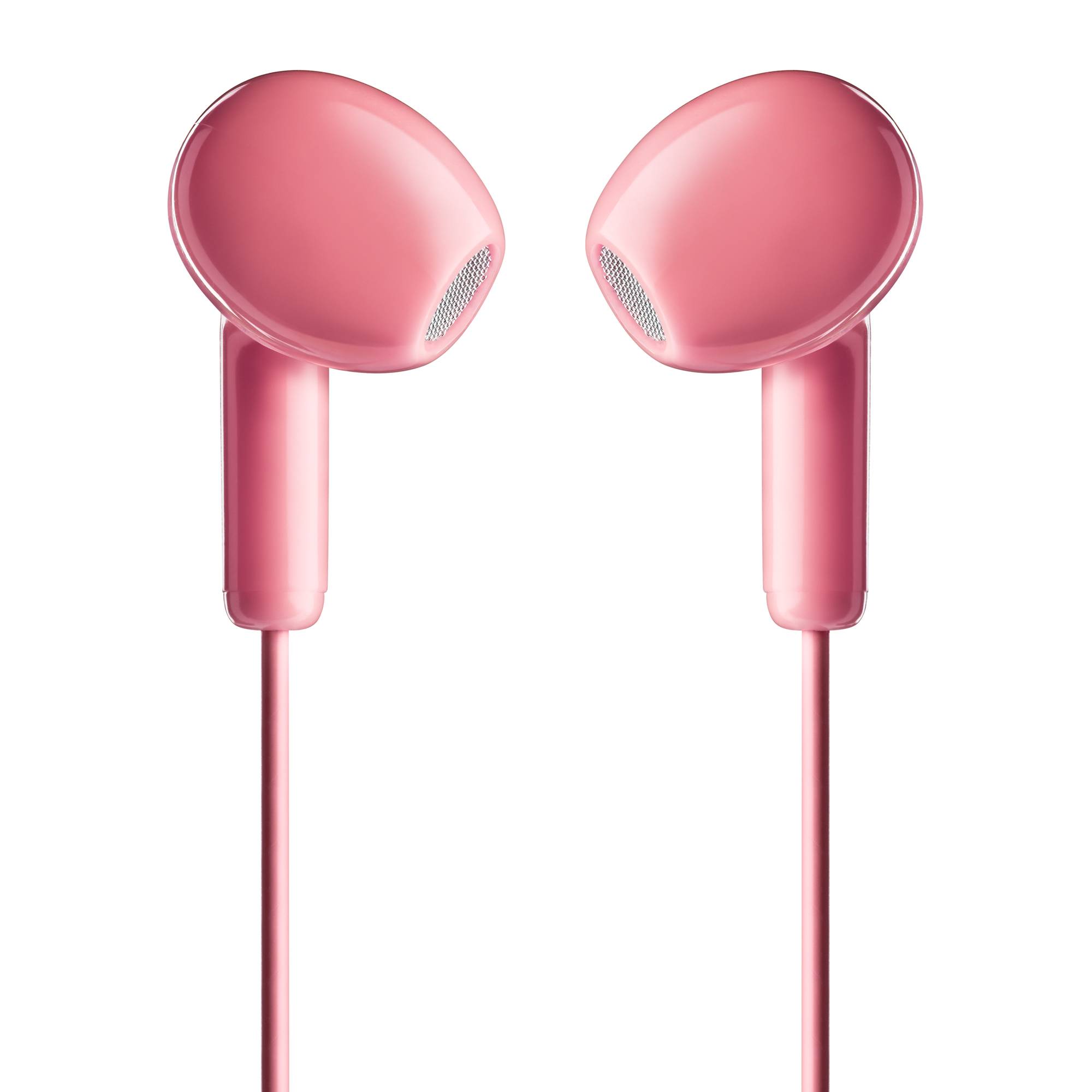 Due auricolari rosa su sfondo bianco. Ognuno ha un auricolare arrotondato e uno stelo collegato a un cavo sottile.