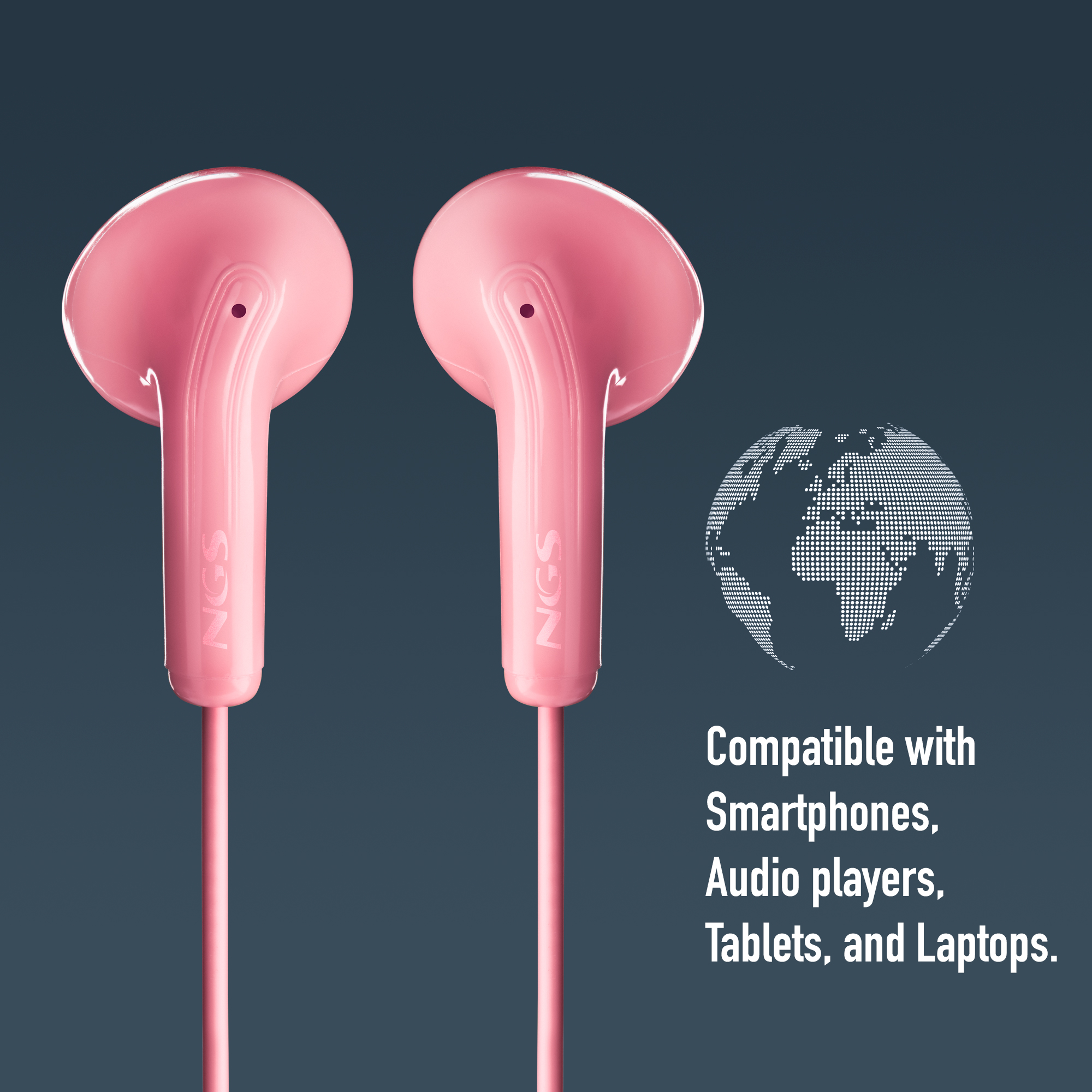 Due auricolari rosa con il logo NGS. Il testo a destra dice: 'Compatibile con smartphone, lettori audio, tablet e laptop'.