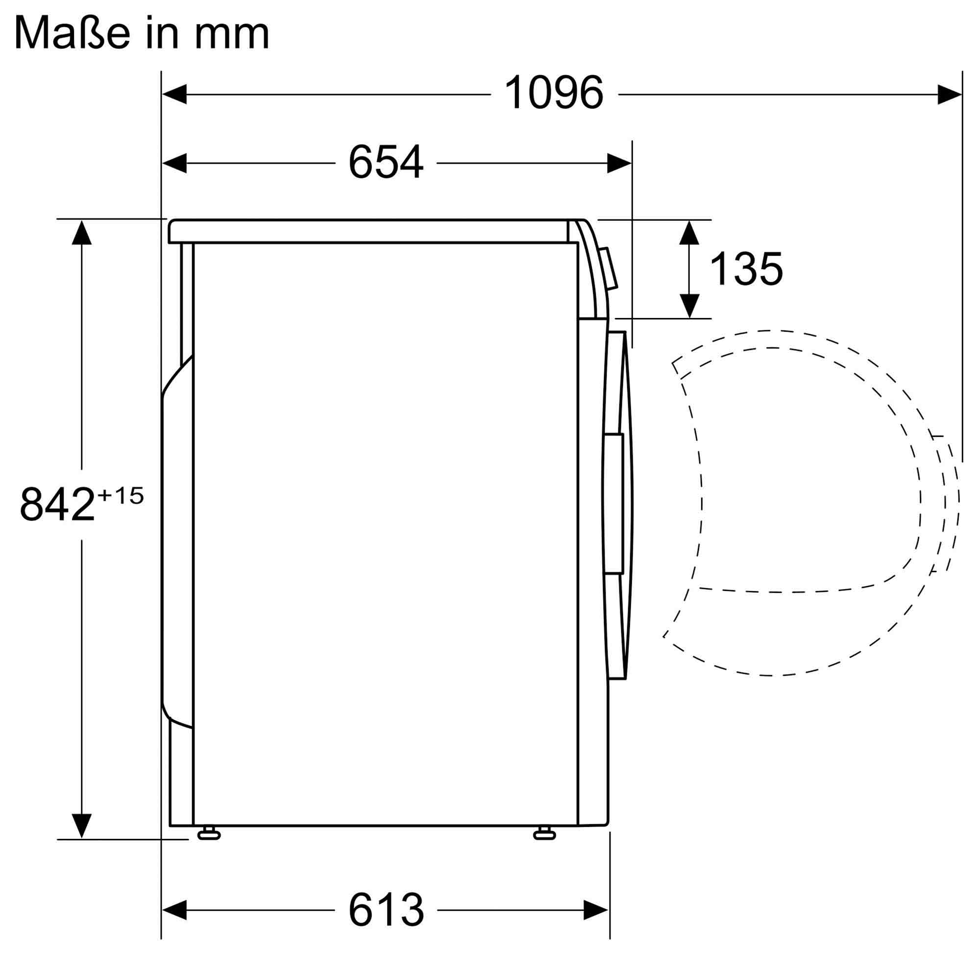 Seitenansicht-Diagramm einer Waschmaschine mit Maßangaben in Millimetern. Es zeigt Höhe, Breite und Tiefe.