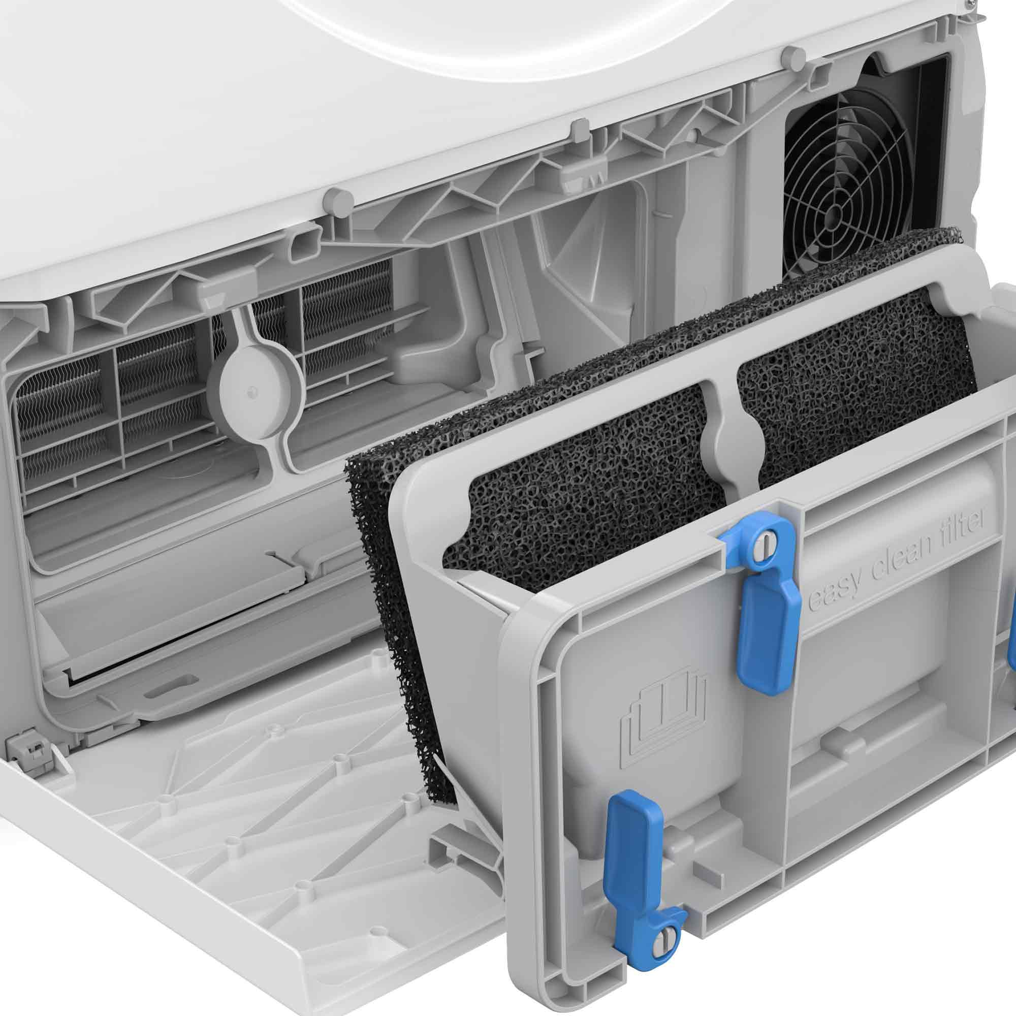 Nahaufnahme eines Waschmaschinenfilters. Der Filter ist grau, mit einem schwarzen schwammartigen Filter und blauen Verriegelungsmechanismen.