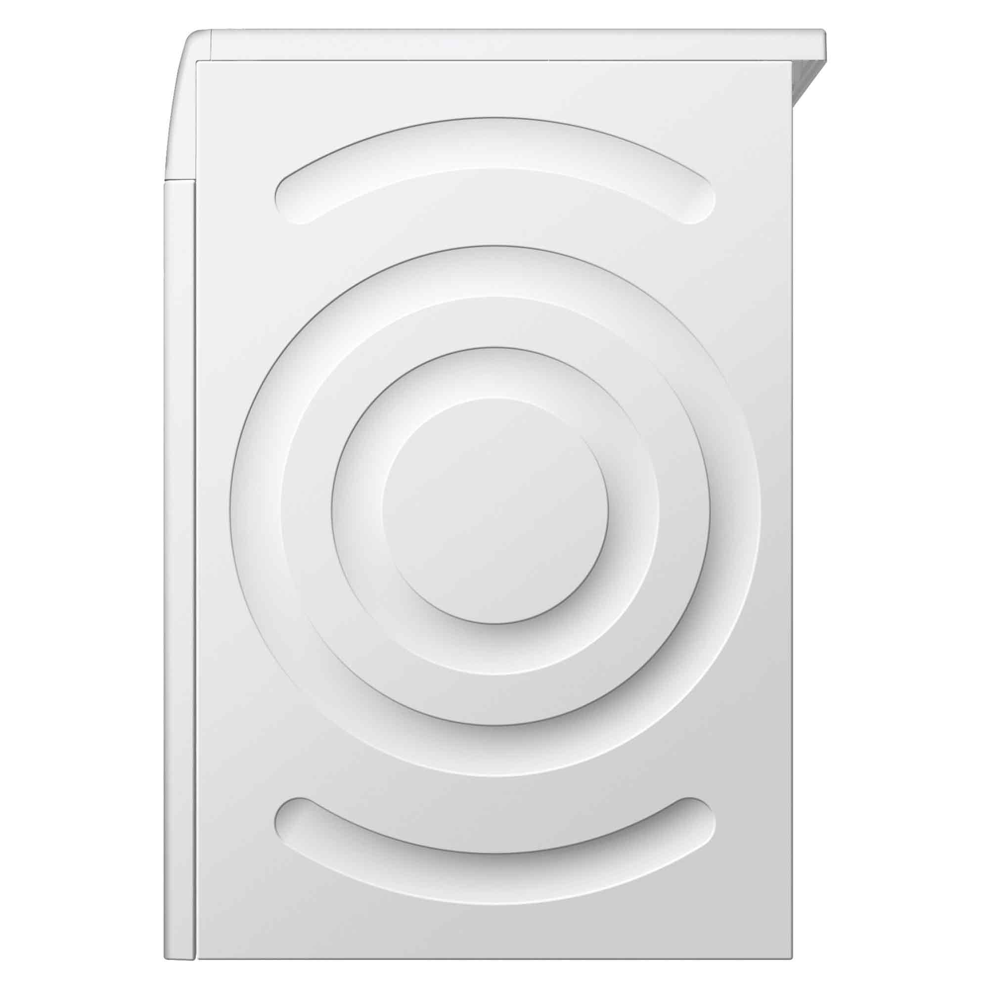 Eine weiße Waschmaschinentür mit geschwungenen und kreisförmigen Designs. Der Hintergrund ist weiß.