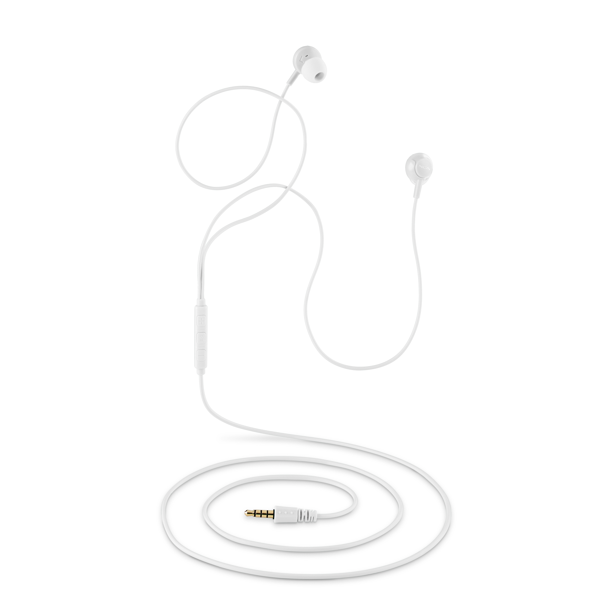 Auricolari bianchi con modulo di controllo e connettore jack da 3,5 mm su sfondo bianco.