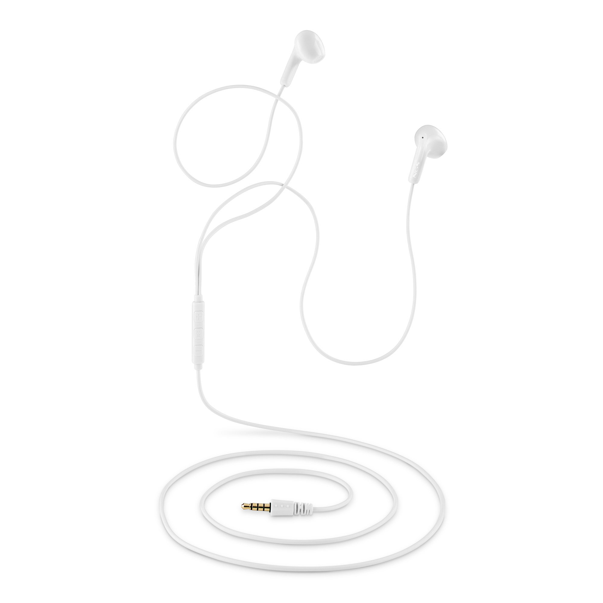 Weiße Kopfhörer mit Steuermodul und 3,5-mm-Klinke. Das Kabel bildet eine Spirale.