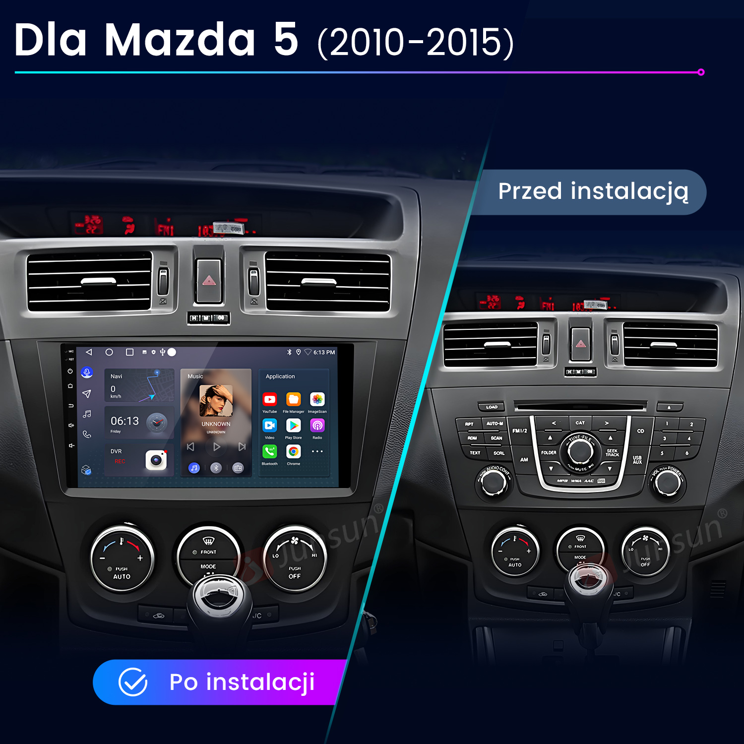 Porównanie deski rozdzielczej samochodu: przed i po instalacji. Wyświetlanie nawigacji, muzyki i różnych elementów sterujących.