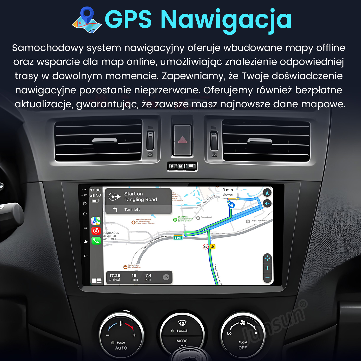 Ekran nawigacji samochodowej wyświetla mapę z prowadzeniem po trasie. Widoczne są przyciski i elementy deski rozdzielczej.