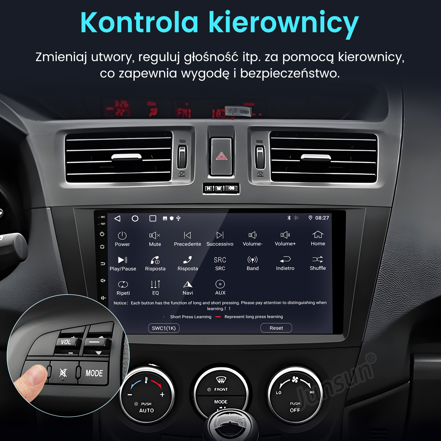 Deska rozdzielcza z elementami sterowania radiem, dłoń naciska przycisk, ustawienia audio i klimatyzacji.