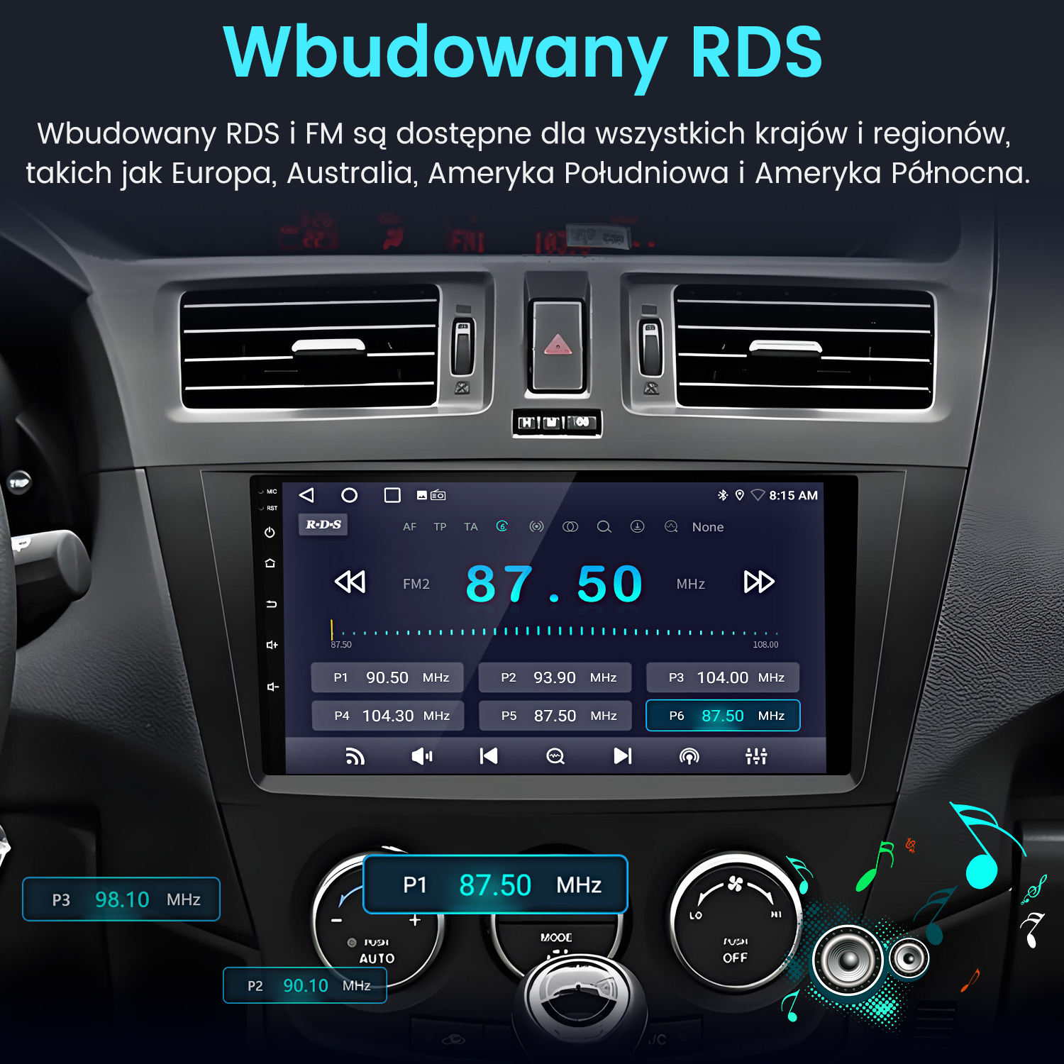 Interfejs radia samochodowego wyświetlający częstotliwość FM 87,50 MHz na ekranie. Widoczne przyciski do zaprogramowanych stacji.