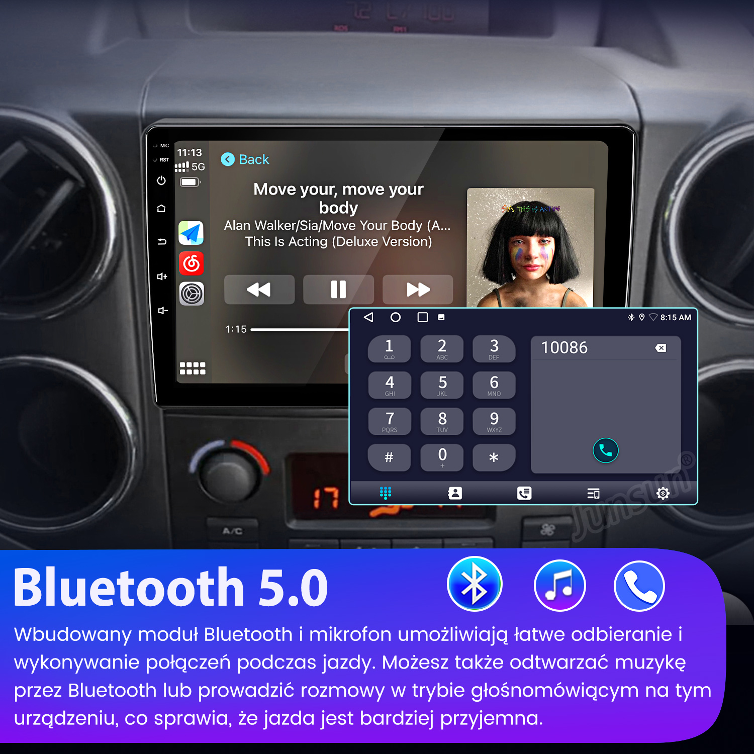 Deska rozdzielcza samochodu z ekranem odtwarzającym muzykę. Wyświetlana jest klawiatura numeryczna telefonu. Bluetooth 5.0 na dole.